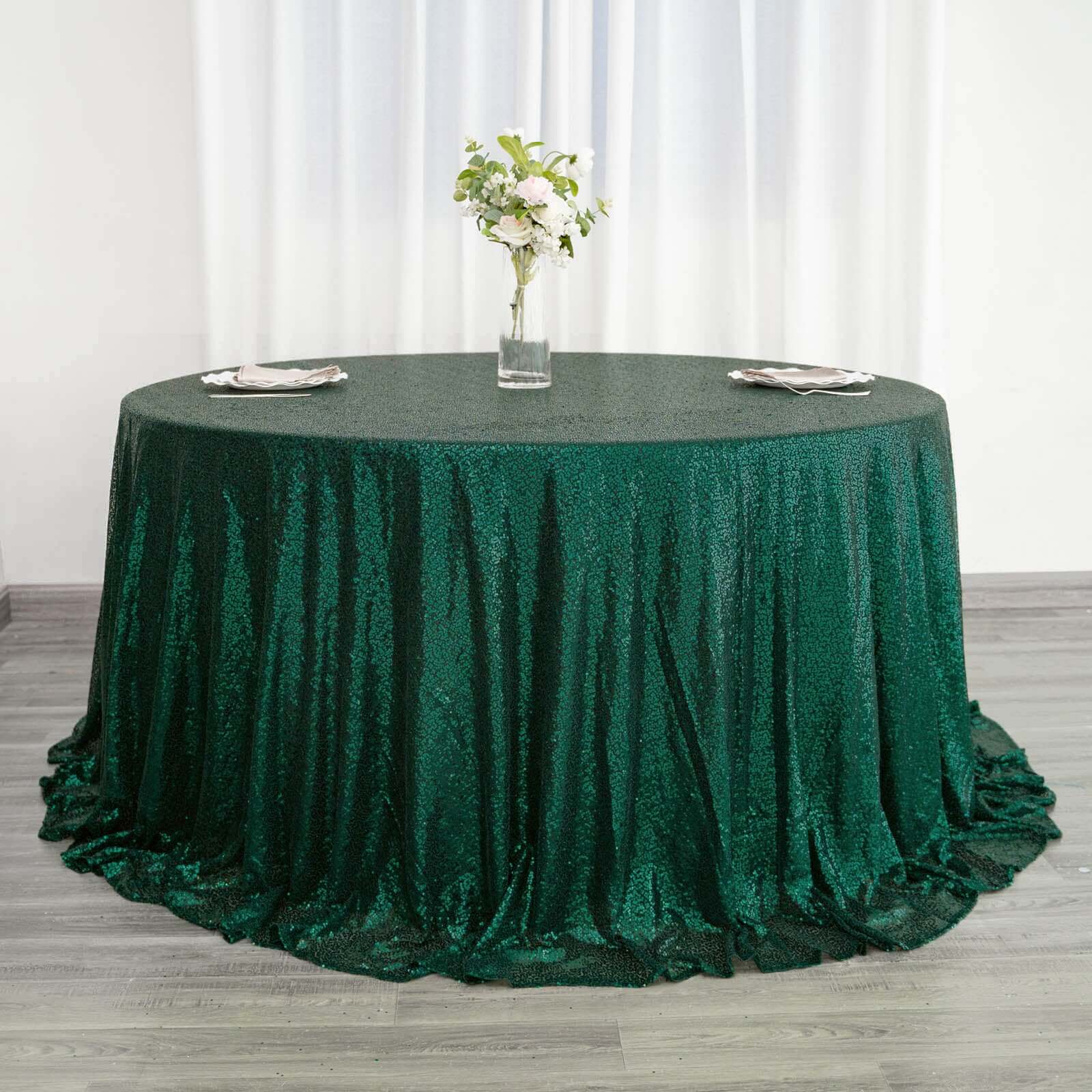 Sequin Round Tablecloth 132" Hunter Emerald Green with Seamless Twinkling Finish Table Cover - Image 6