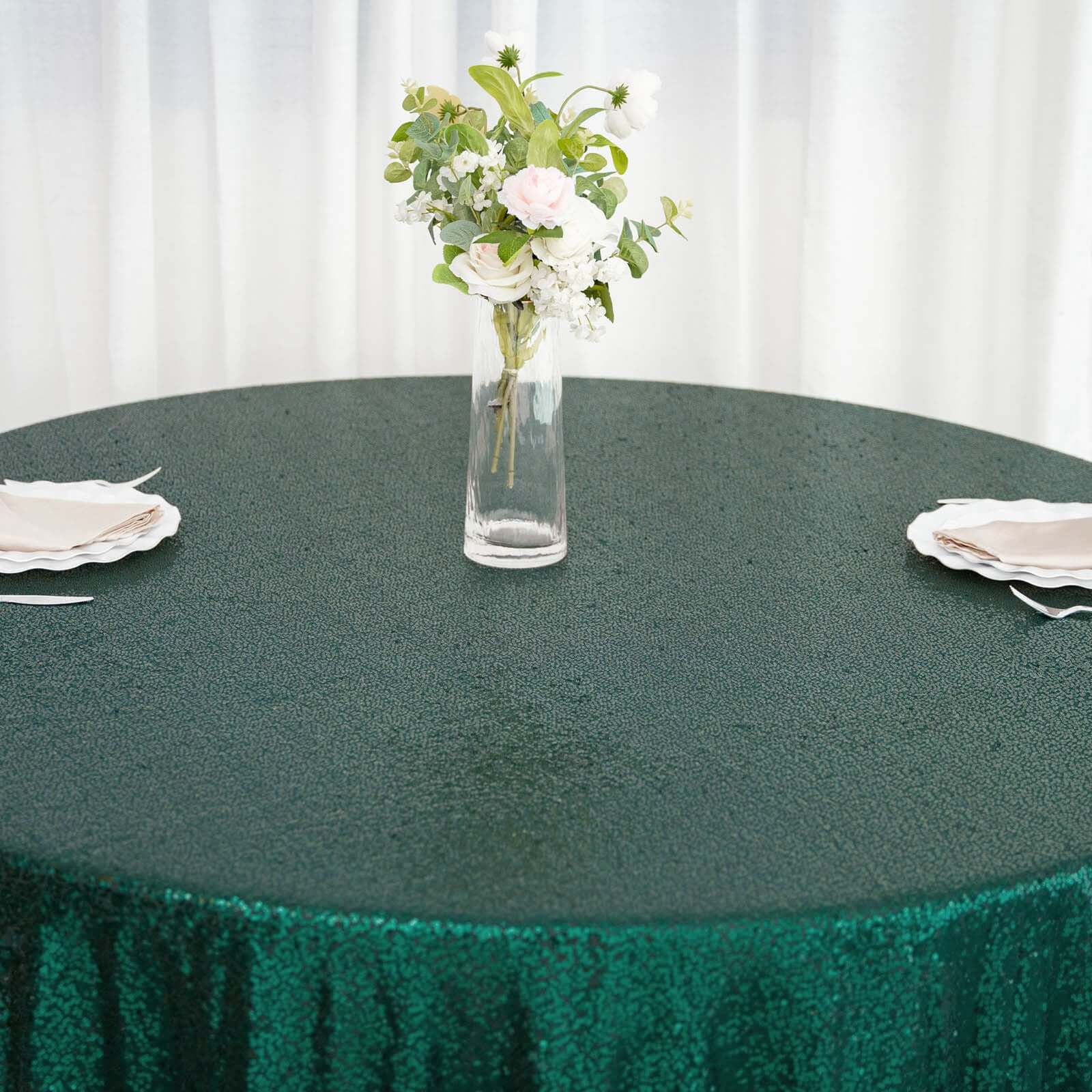 Sequin Round Tablecloth 132" Hunter Emerald Green with Seamless Twinkling Finish Table Cover - Image 7