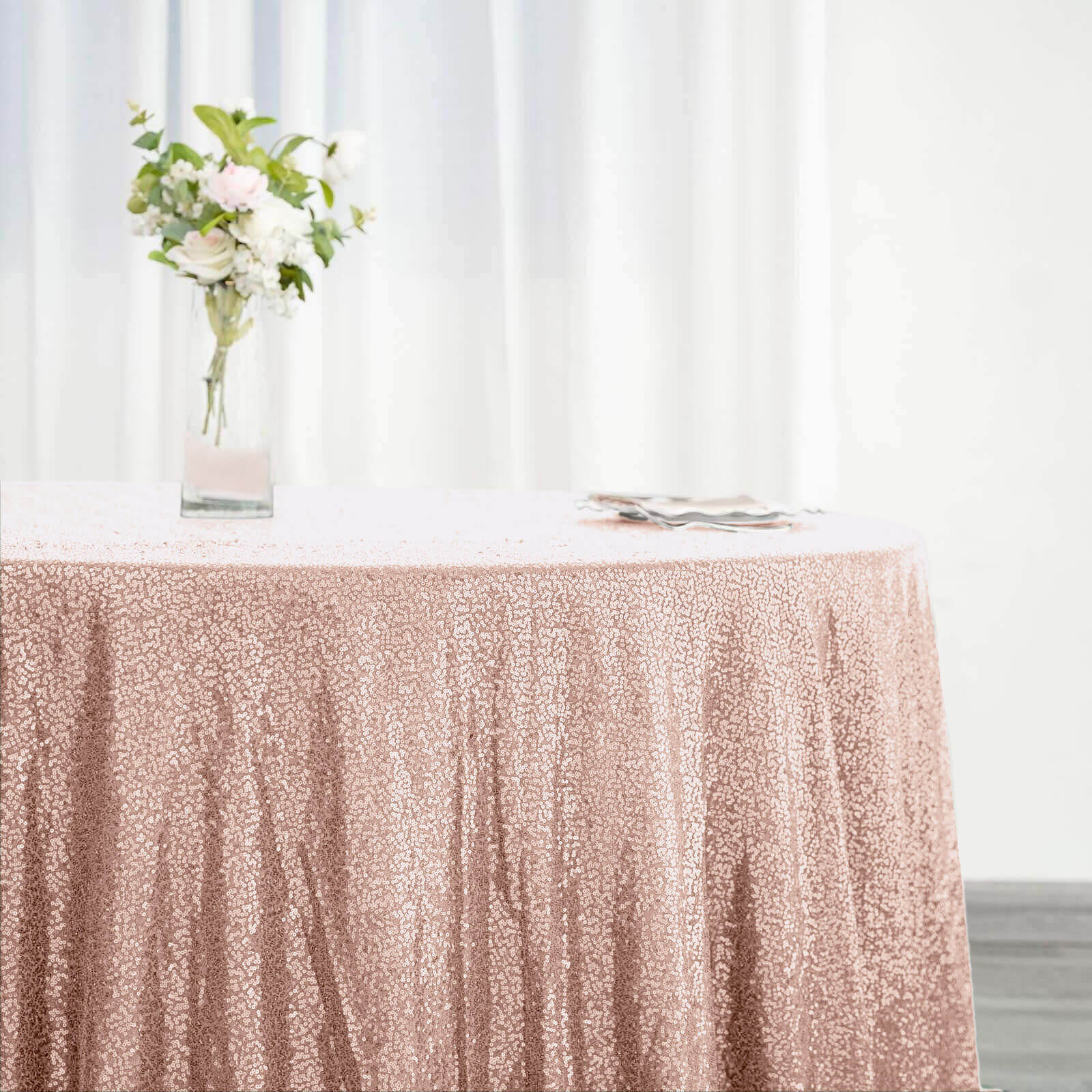 Sequin Round Tablecloth 132" Rose Gold with Seamless Twinkling Finish Table Cover - Image 6