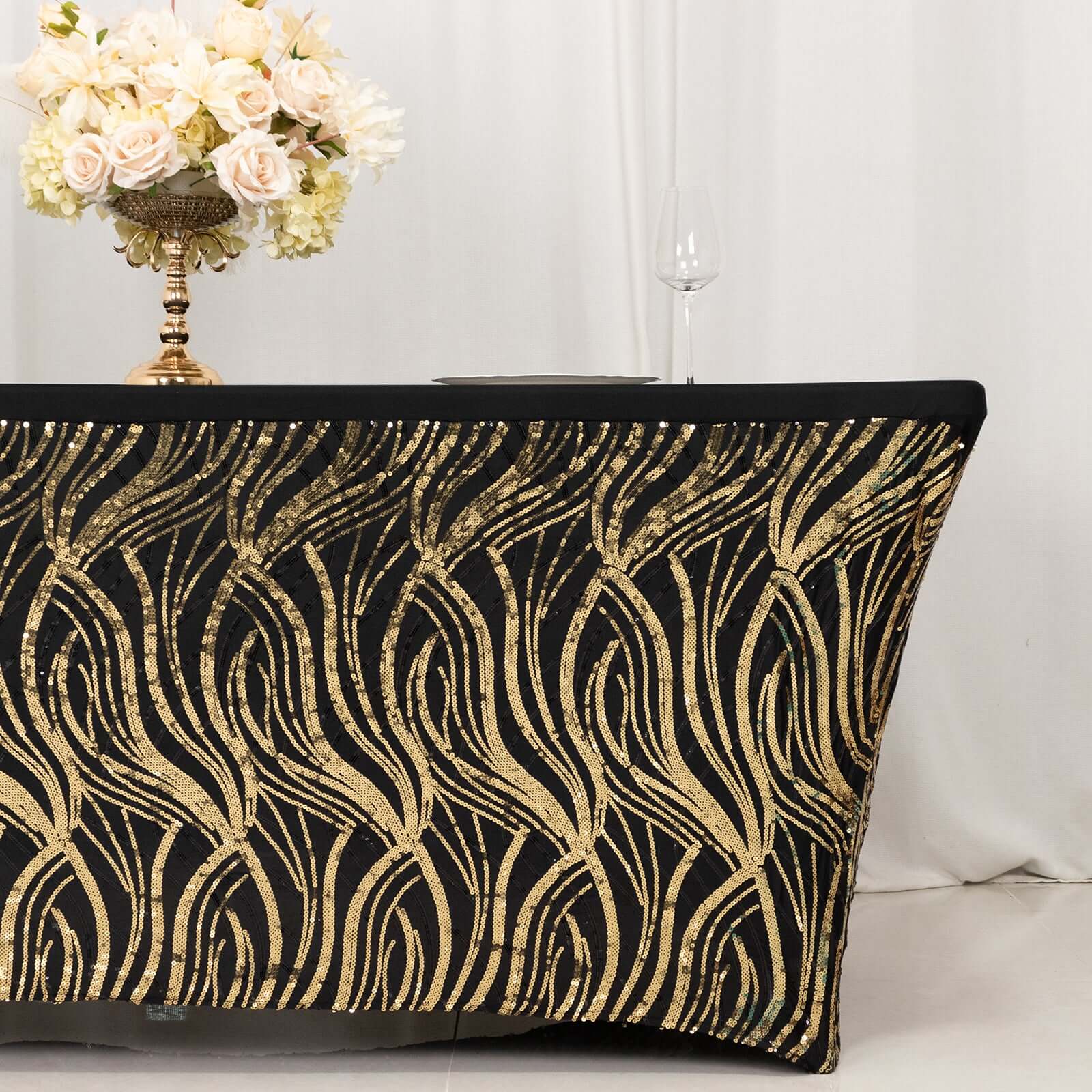 Sequin Stretch Spandex Rectangle Tablecloth 72"x30" Black Gold Wave Embroidered Design - Four-Way Stretch Shimmering Table Cover for Upscale Gatherings - Image 2