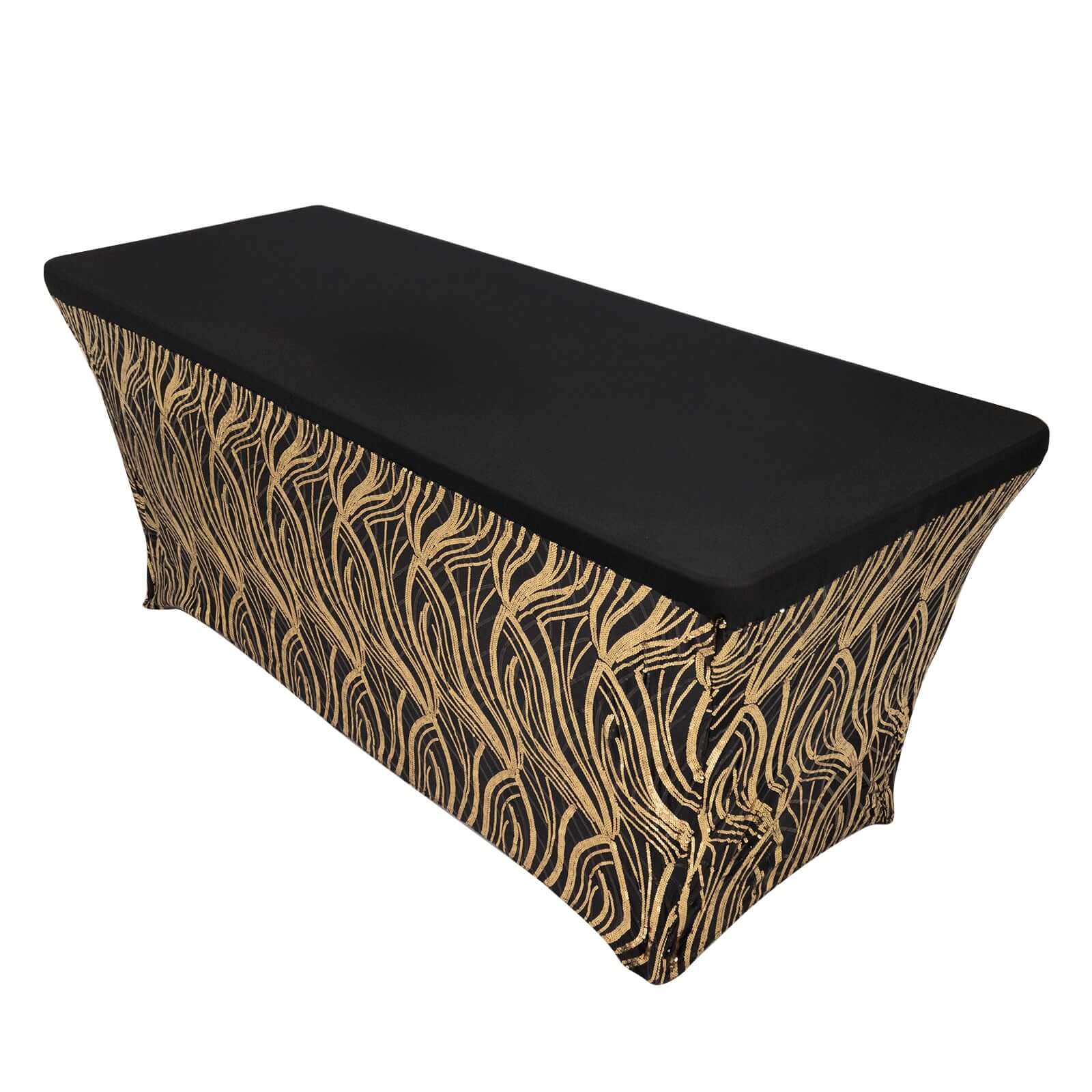 Sequin Stretch Spandex Rectangle Tablecloth 72"x30" Black Gold Wave Embroidered Design - Four-Way Stretch Shimmering Table Cover for Upscale Gatherings - Image 3