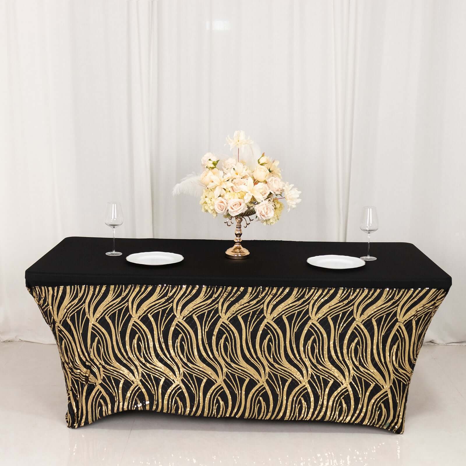 Sequin Stretch Spandex Rectangle Tablecloth 72"x30" Black Gold Wave Embroidered Design - Four-Way Stretch Shimmering Table Cover for Upscale Gatherings - Image 4