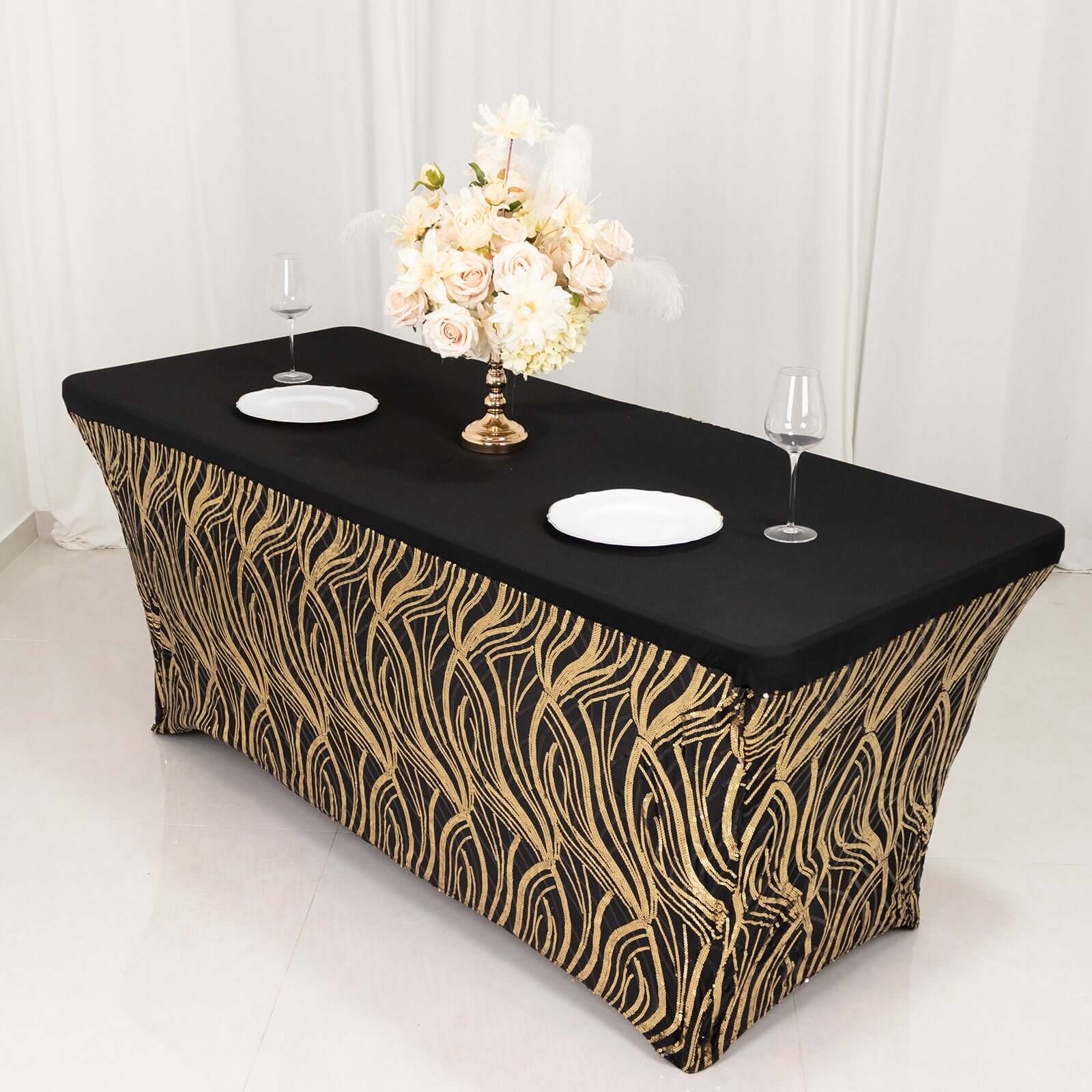 Sequin Stretch Spandex Rectangle Tablecloth 72"x30" Black Gold Wave Embroidered Design - Four-Way Stretch Shimmering Table Cover for Upscale Gatherings - Image 5