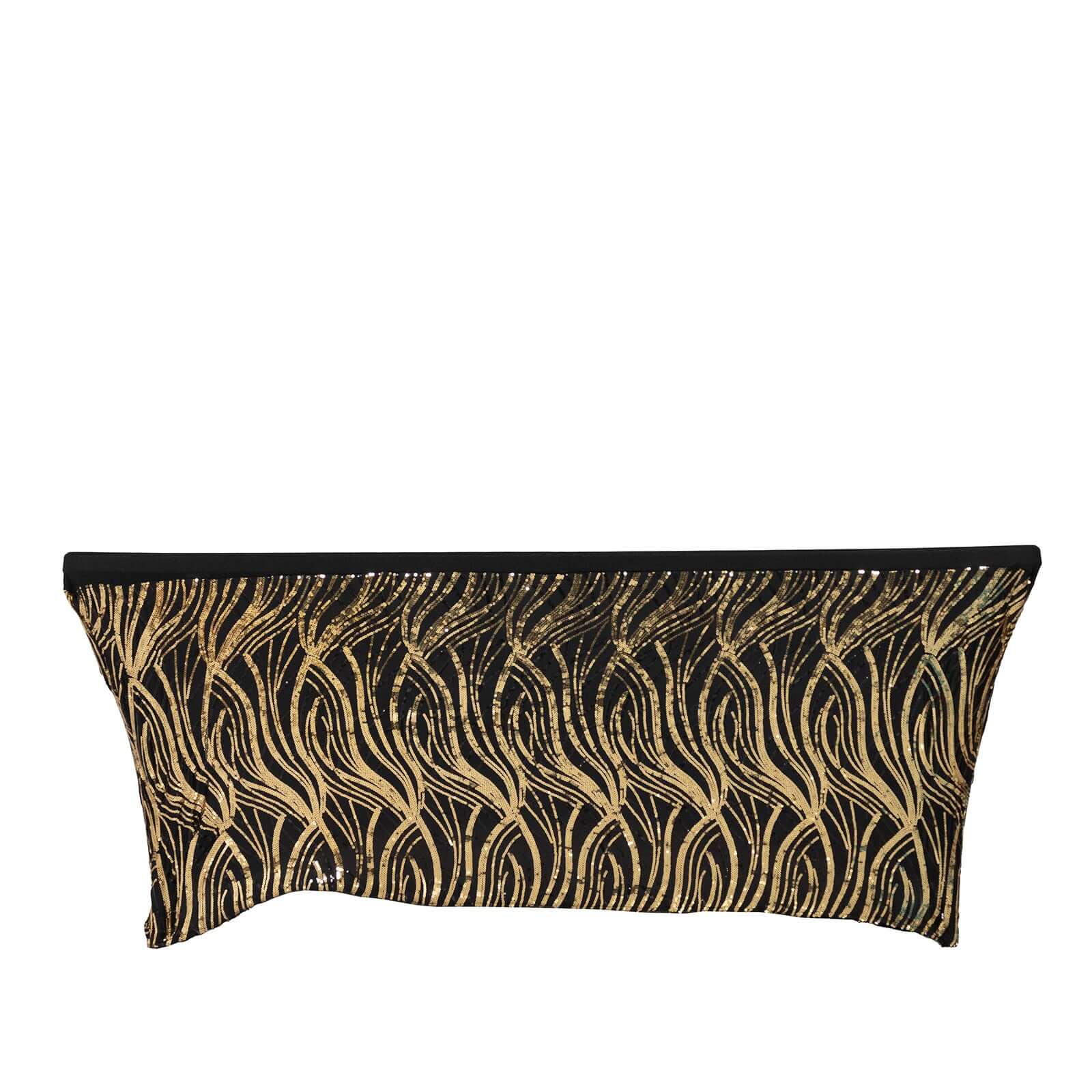 Sequin Stretch Spandex Rectangle Tablecloth 72"x30" Black Gold Wave Embroidered Design - Four-Way Stretch Shimmering Table Cover for Upscale Gatherings - Image 7