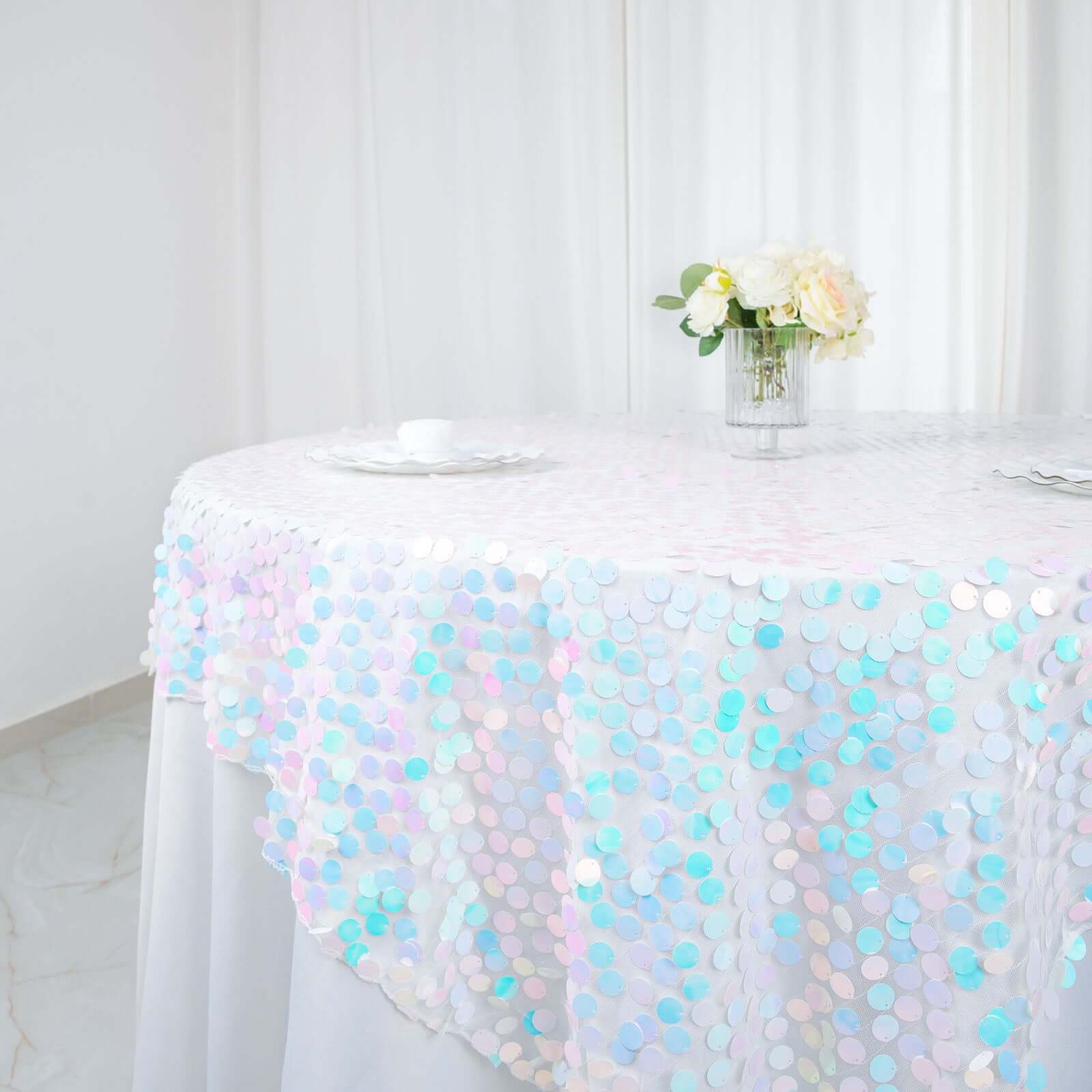 Sequin Table Overlay 72"x72" Iridescent Blue - Big Payette Table Topper - Image 7