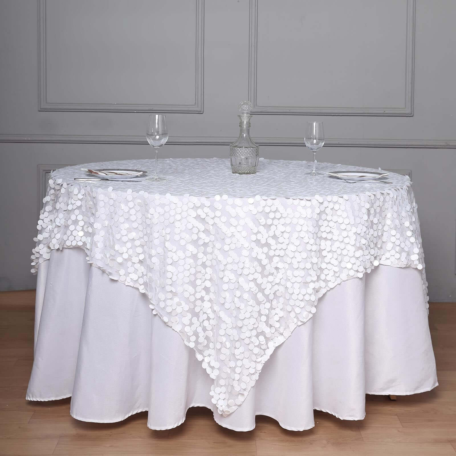 Sequin Table Overlay 72"x72" White with Big Payette Design - Glamorous Decor for Special Events