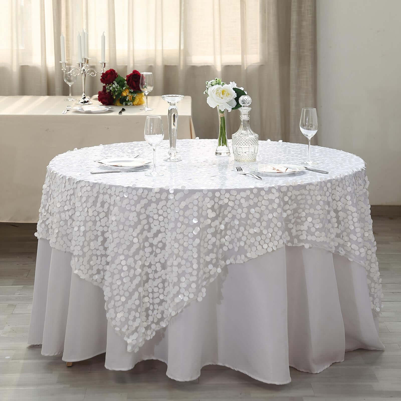 Sequin Table Overlay 72"x72" White with Big Payette Design - Glamorous Decor for Special Events - Image 5
