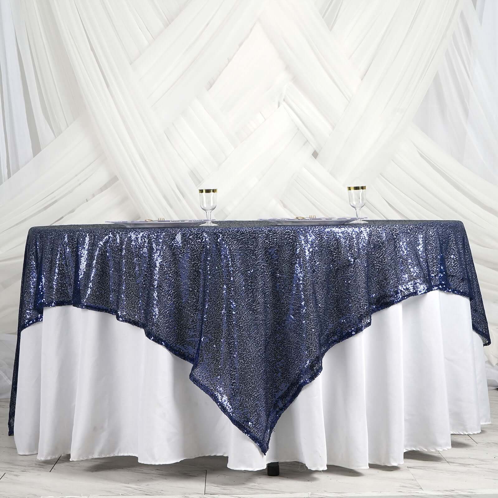 Sequin Table Overlay 90"x90" Navy Blue - Sparkly Table Topper - Image 2