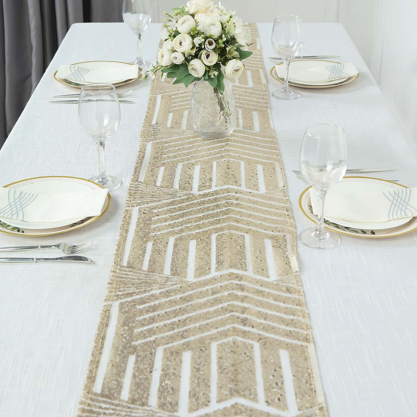 Sequin Table Runner 12"x108" Champagne - Diamond Glitz Table Decor - Image 2