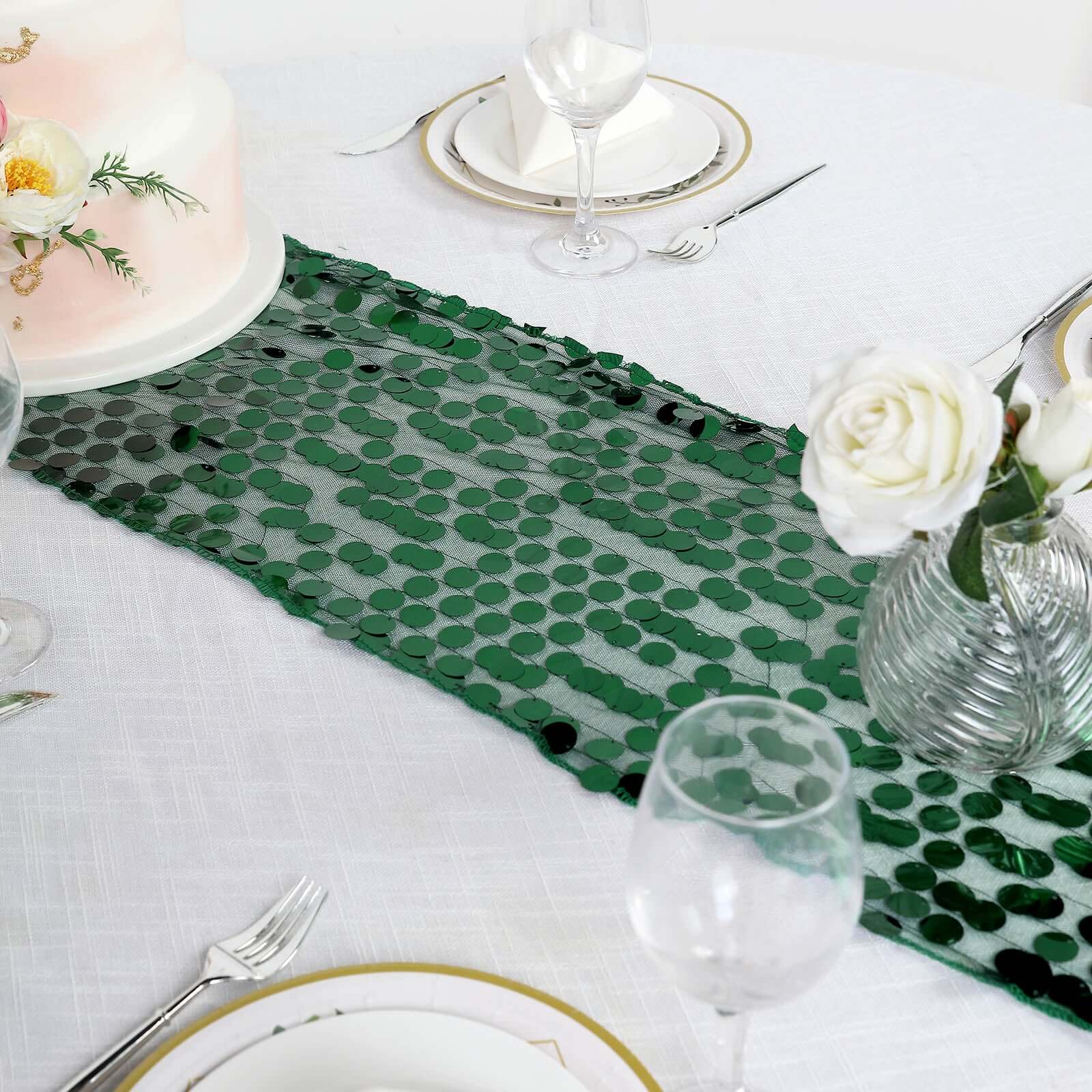 Sequin Table Runner 13"x108" Hunter Emerald Green - Big Payette Table Decor - Image 6