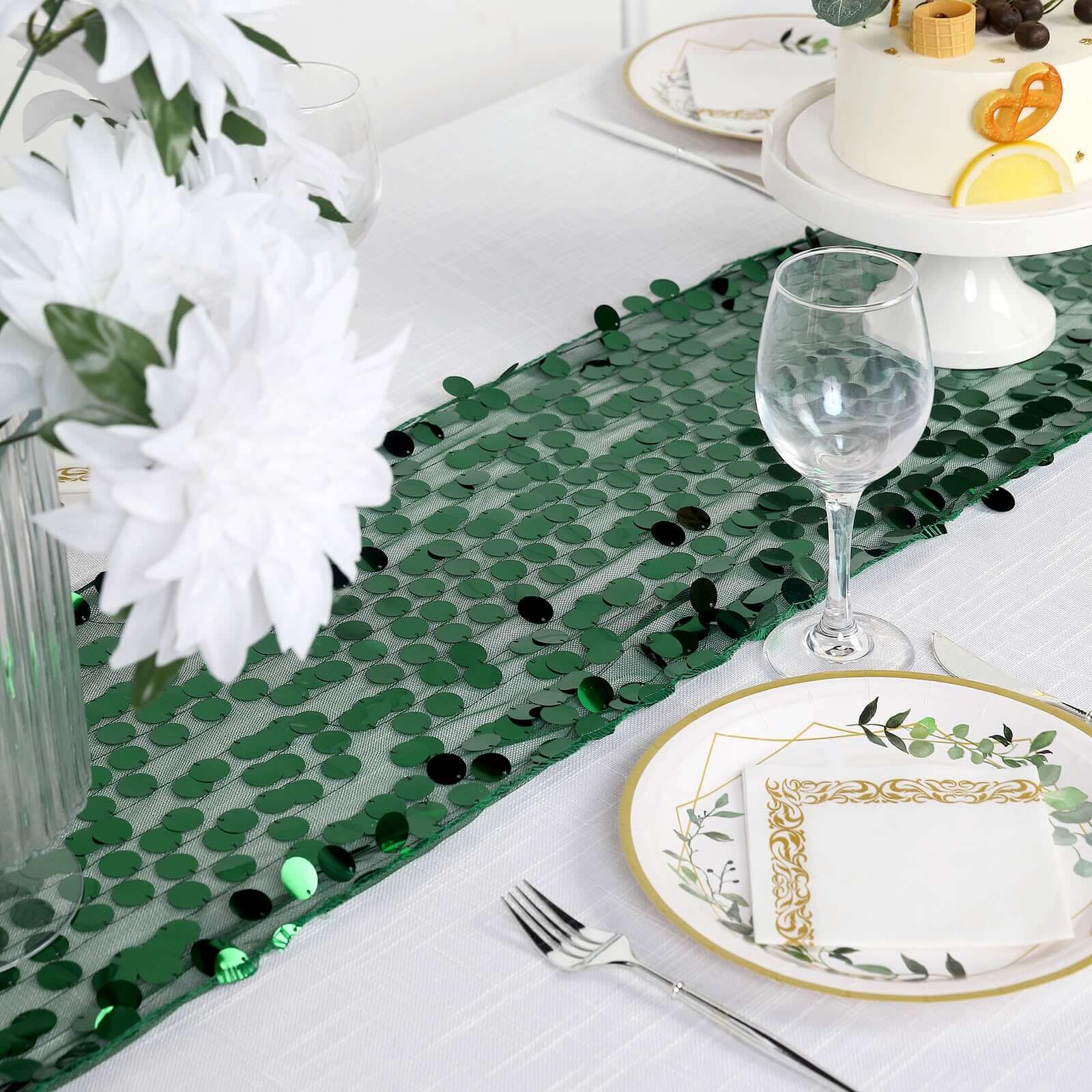 Sequin Table Runner 13"x108" Hunter Emerald Green - Big Payette Table Decor - Image 8