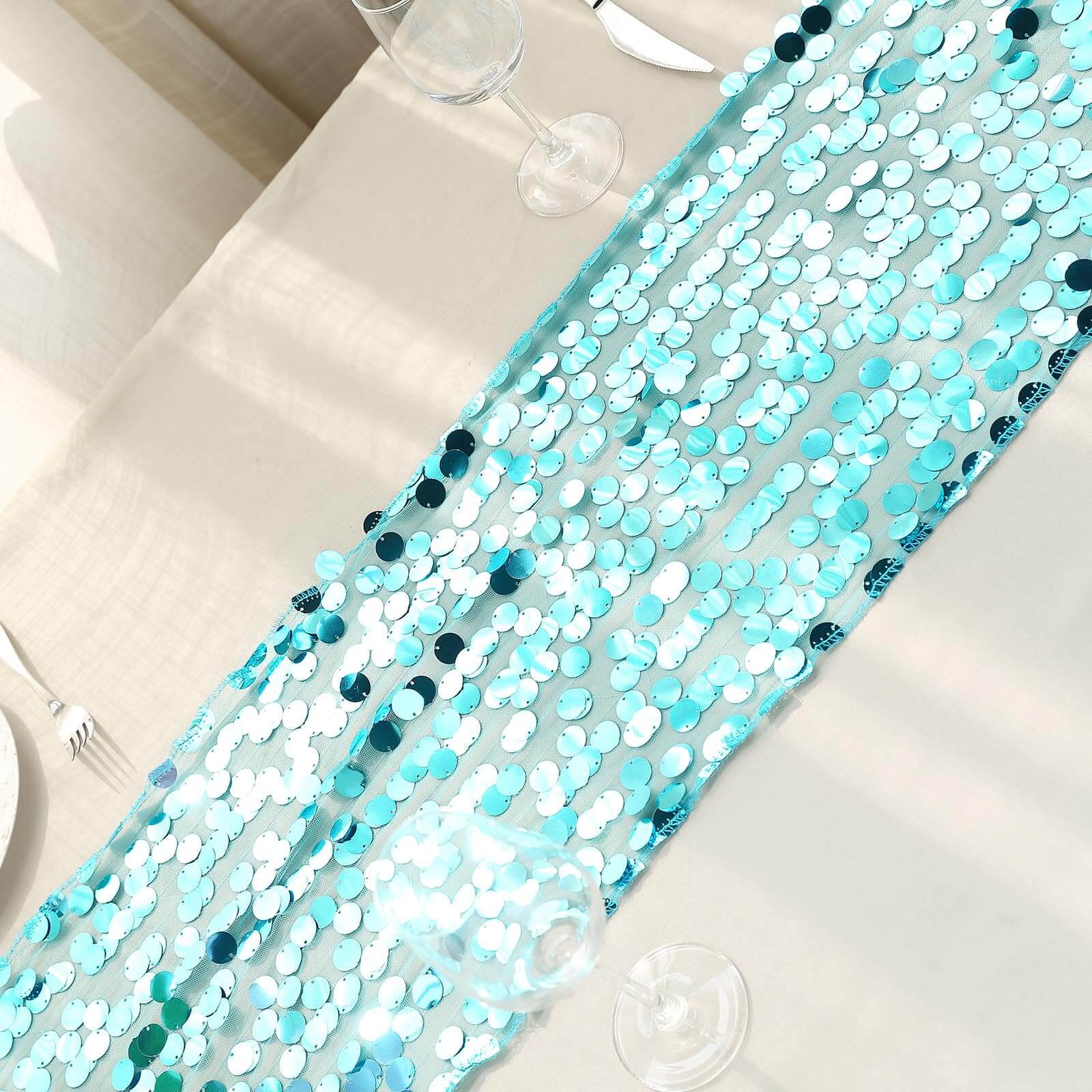 Sequin Table Runner 13"x108" Turquoise - Big Payette Table Decor - Image 6
