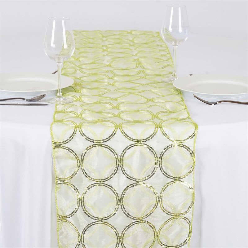 Sequin Table Runner 14"x108" Tea Green with Circle Design - Stylish Decor for Special Occasions