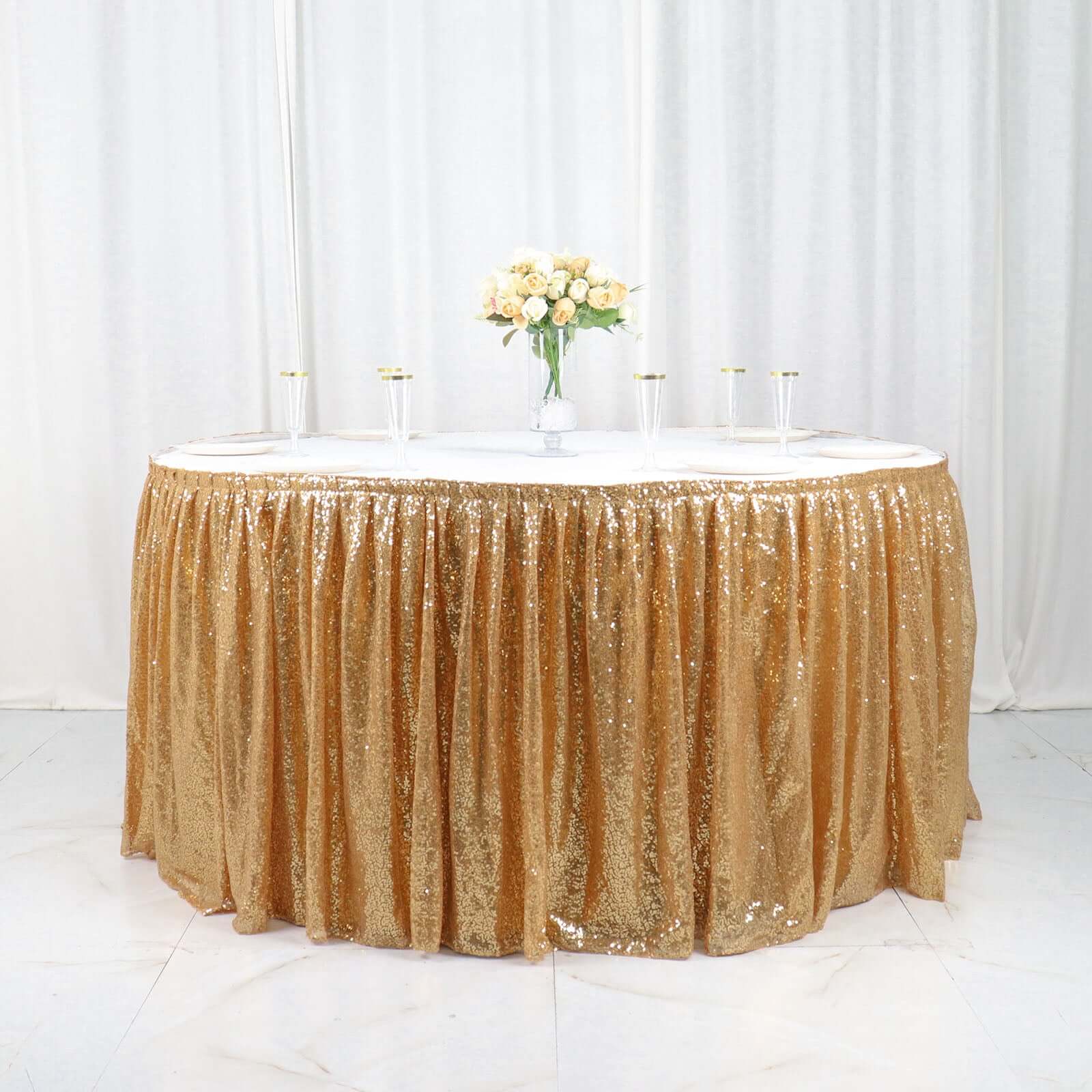 Sequin Table Skirt 17ft Gold - Pleated Satin With Top Velcro Strip Sparkly Table Decor
