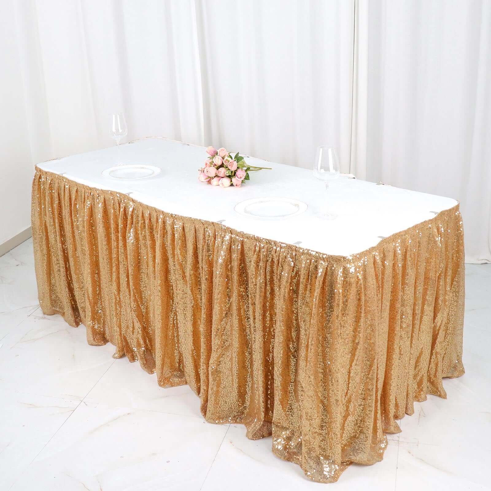 Sequin Table Skirt 17ft Gold - Pleated Satin With Top Velcro Strip Sparkly Table Decor - Image 5