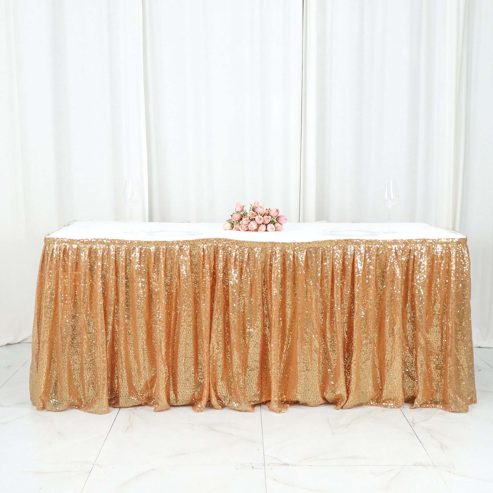 Sequin Table Skirt 17ft Gold - Pleated Satin With Top Velcro Strip Sparkly Table Decor - Image 6