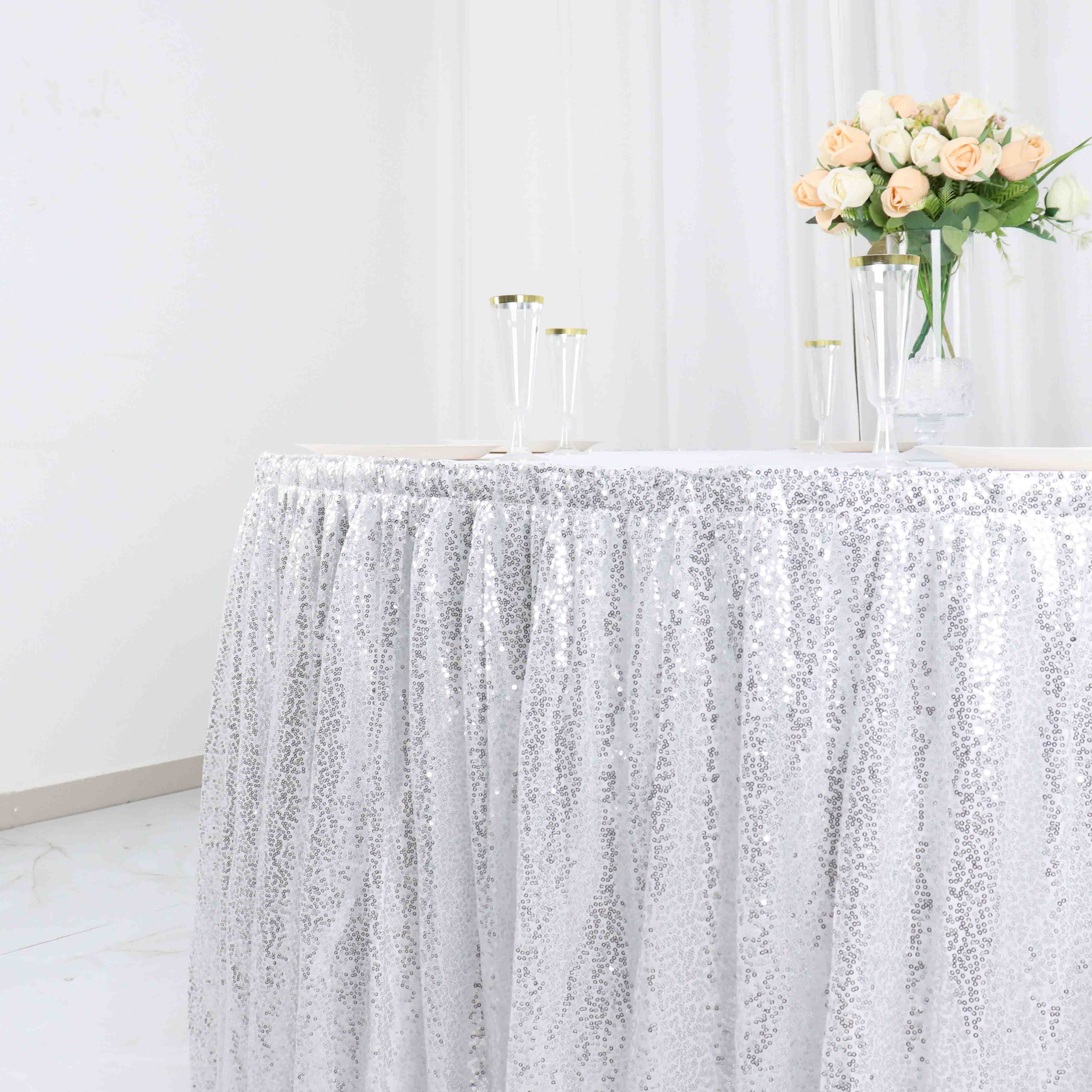 Sequin Table Skirt 17ft Silver - Pleated Satin With Top Velcro Strip Sparkly Table Cover - Image 2