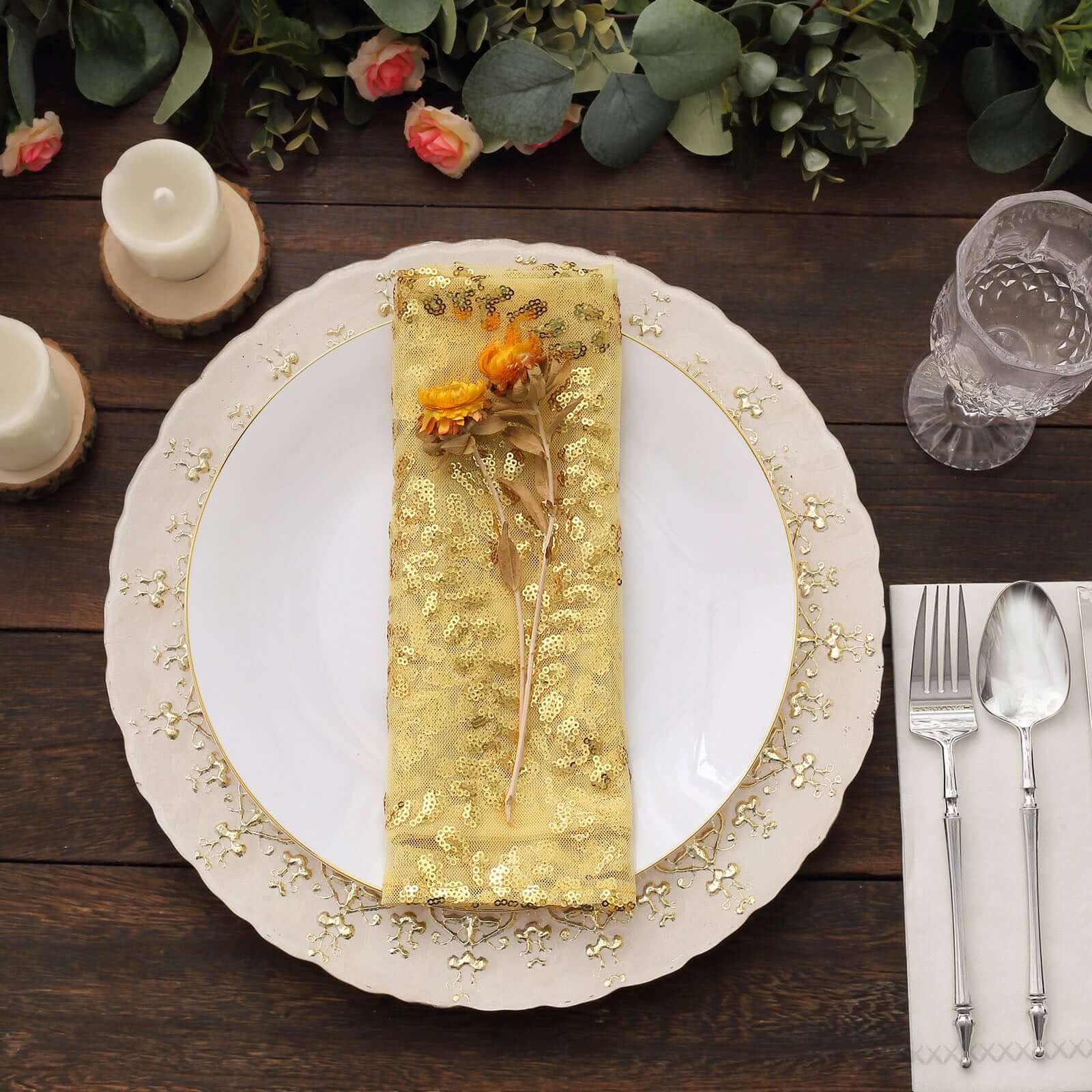 Sequin Tulle Napkin 20"x20" Gold - Embroidered Leaf Vine Pattern, Sparkly Decorative Table Accent - Image 7