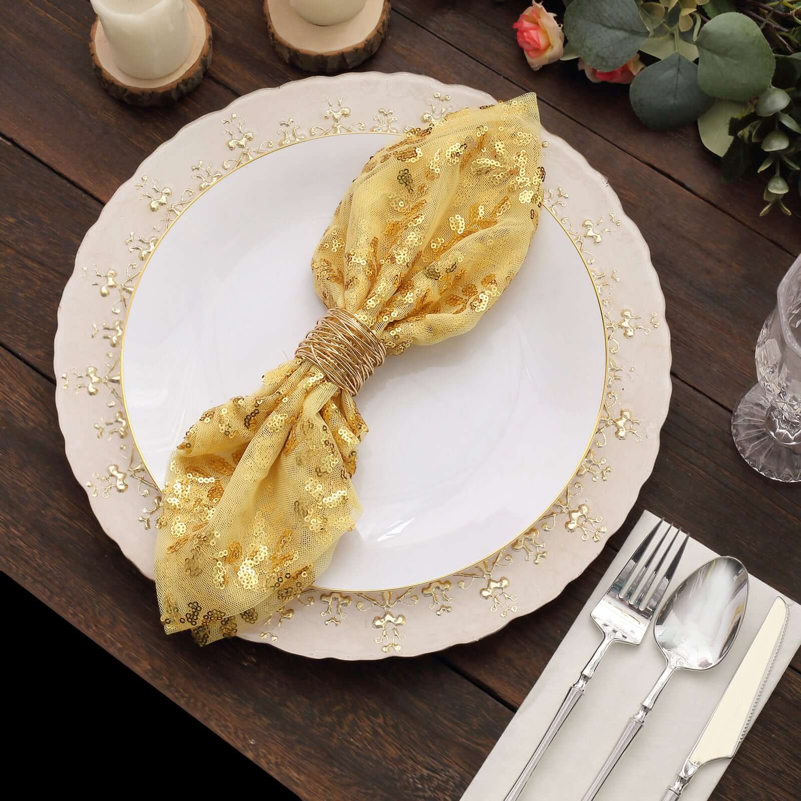 Sequin Tulle Napkin 20"x20" Gold - Embroidered Leaf Vine Pattern, Sparkly Decorative Table Accent - Image 9