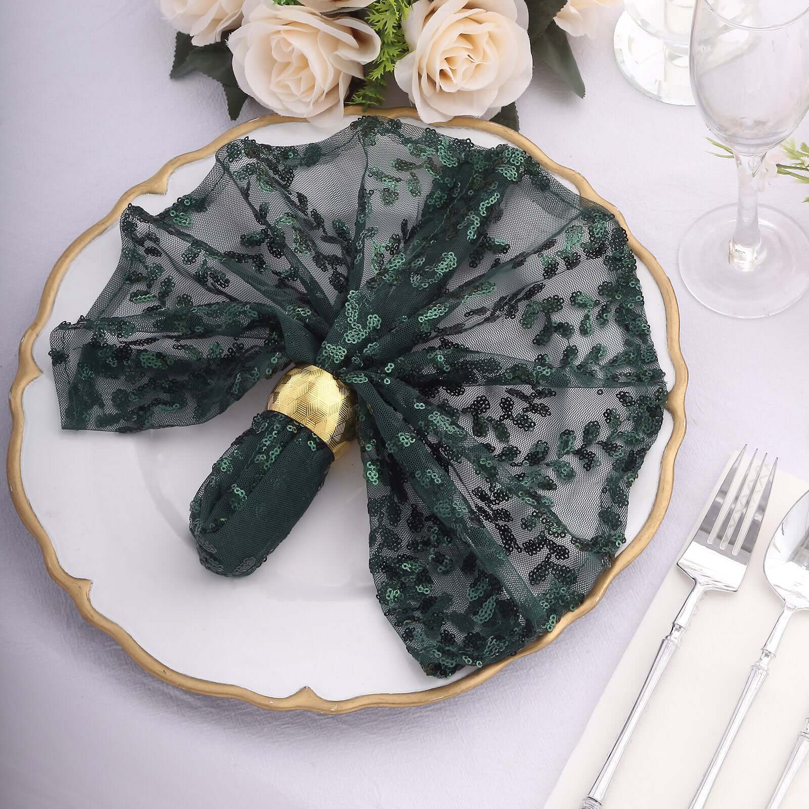 Sequin Tulle Napkin 20"x20" Hunter Emerald Green - Embroidered Leaf Vine Dinner Napkins - Image 5