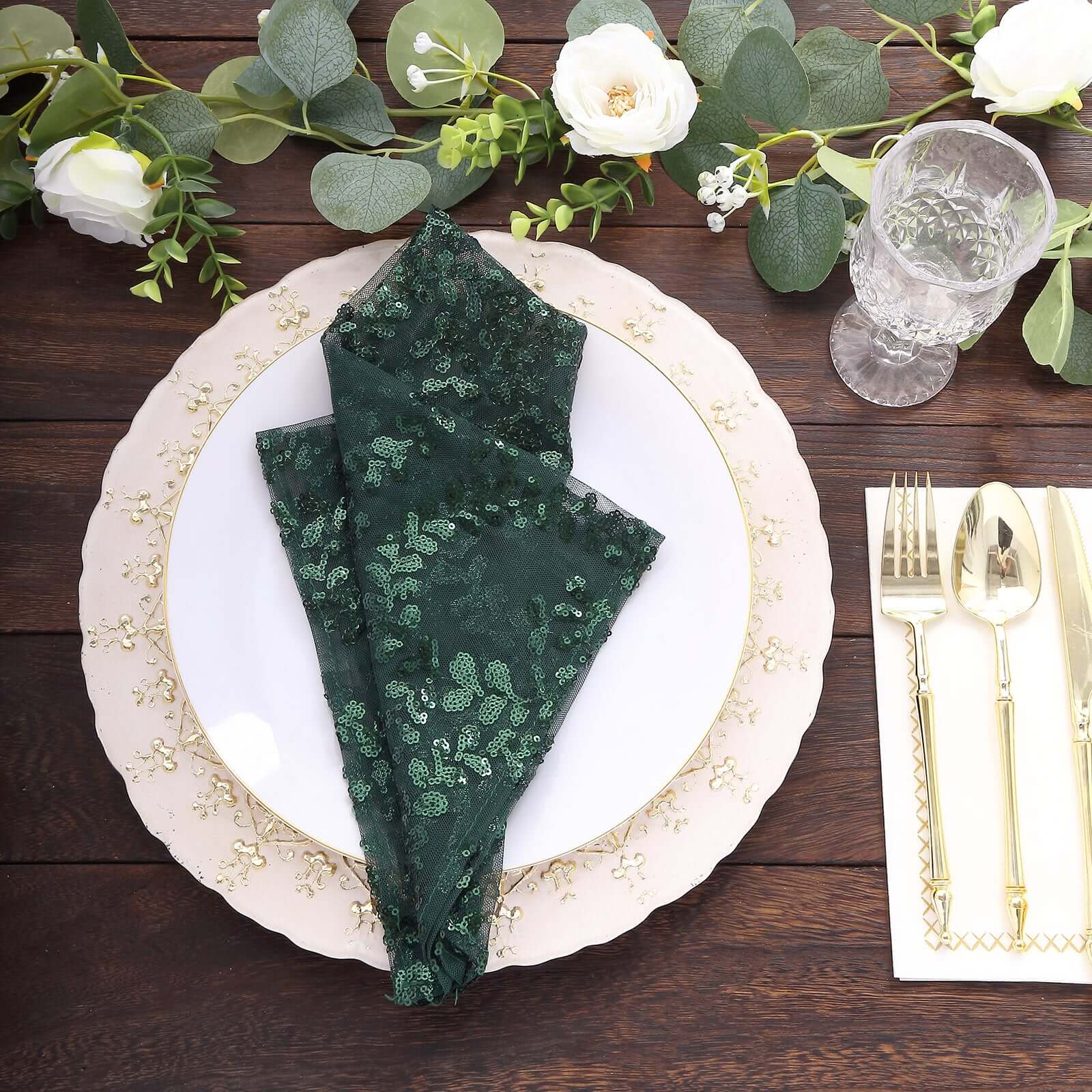 Sequin Tulle Napkin 20"x20" Hunter Emerald Green - Embroidered Leaf Vine Dinner Napkins - Image 8