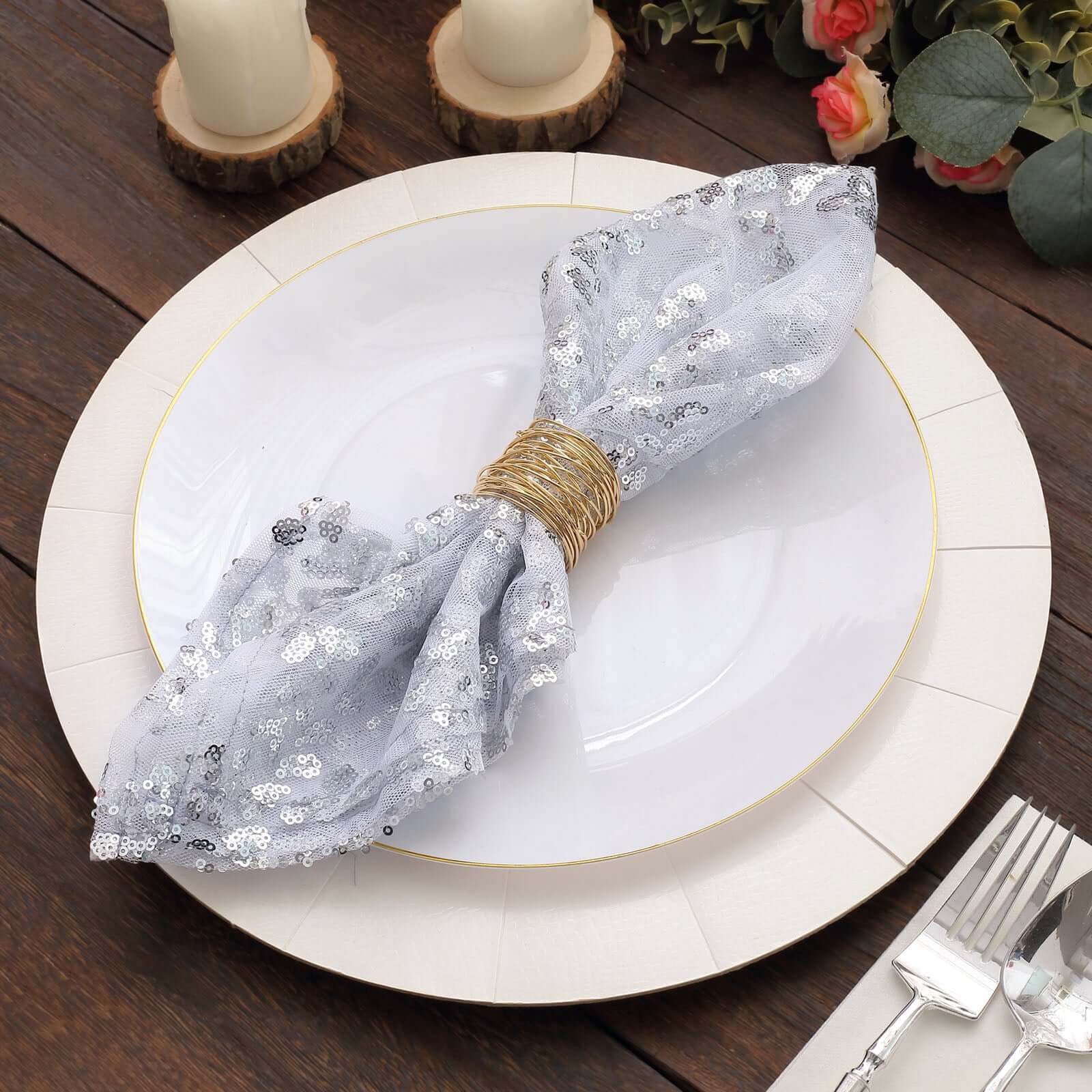 Sequin Tulle Napkin 20"x20" Silver - Embroidered Leaf Vine Dinner Napkins - Image 9