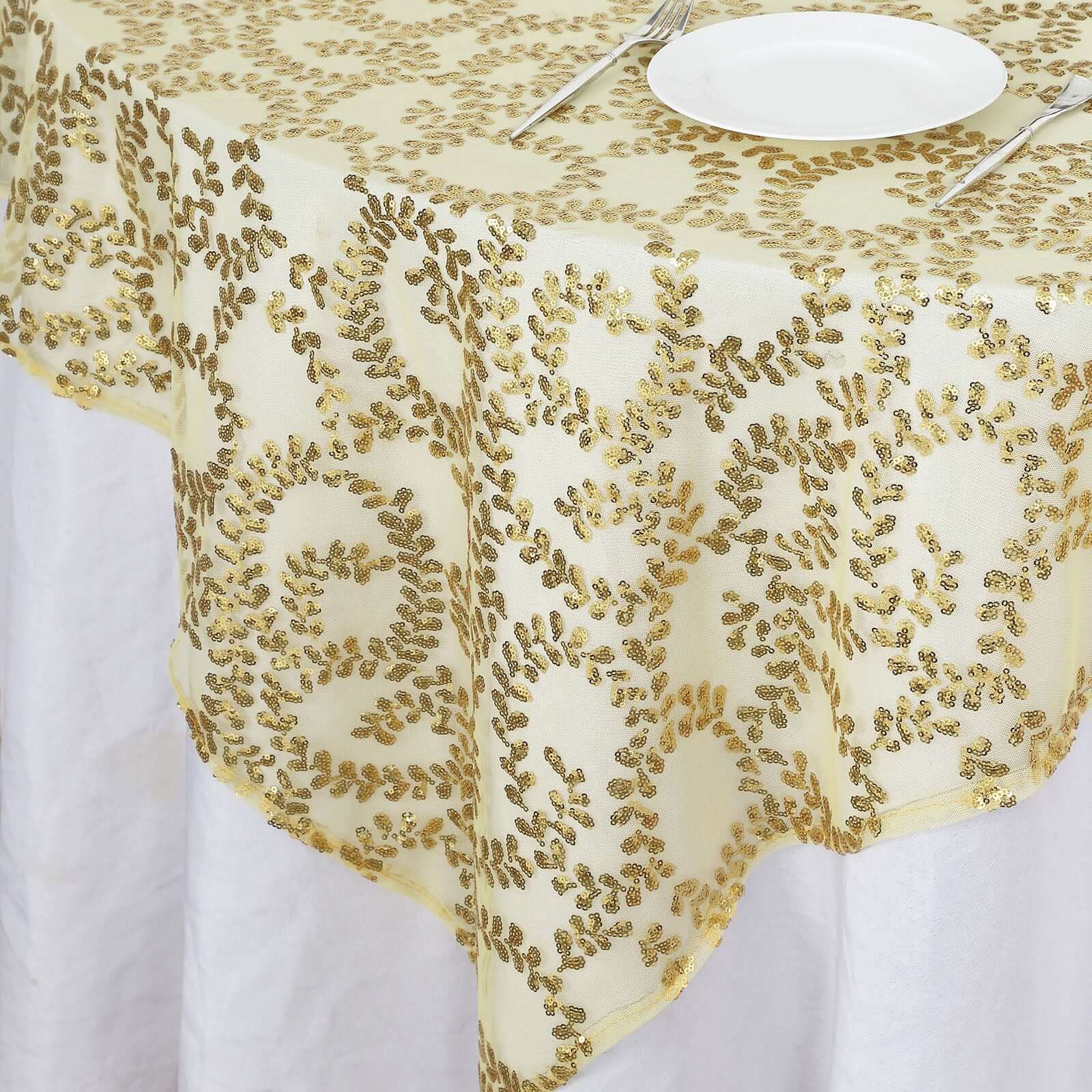 Sequin Tulle Table Overlay 72"x72" Gold Leaf Embroidered Design Perfect for Weddings and Upscale Events - Image 5