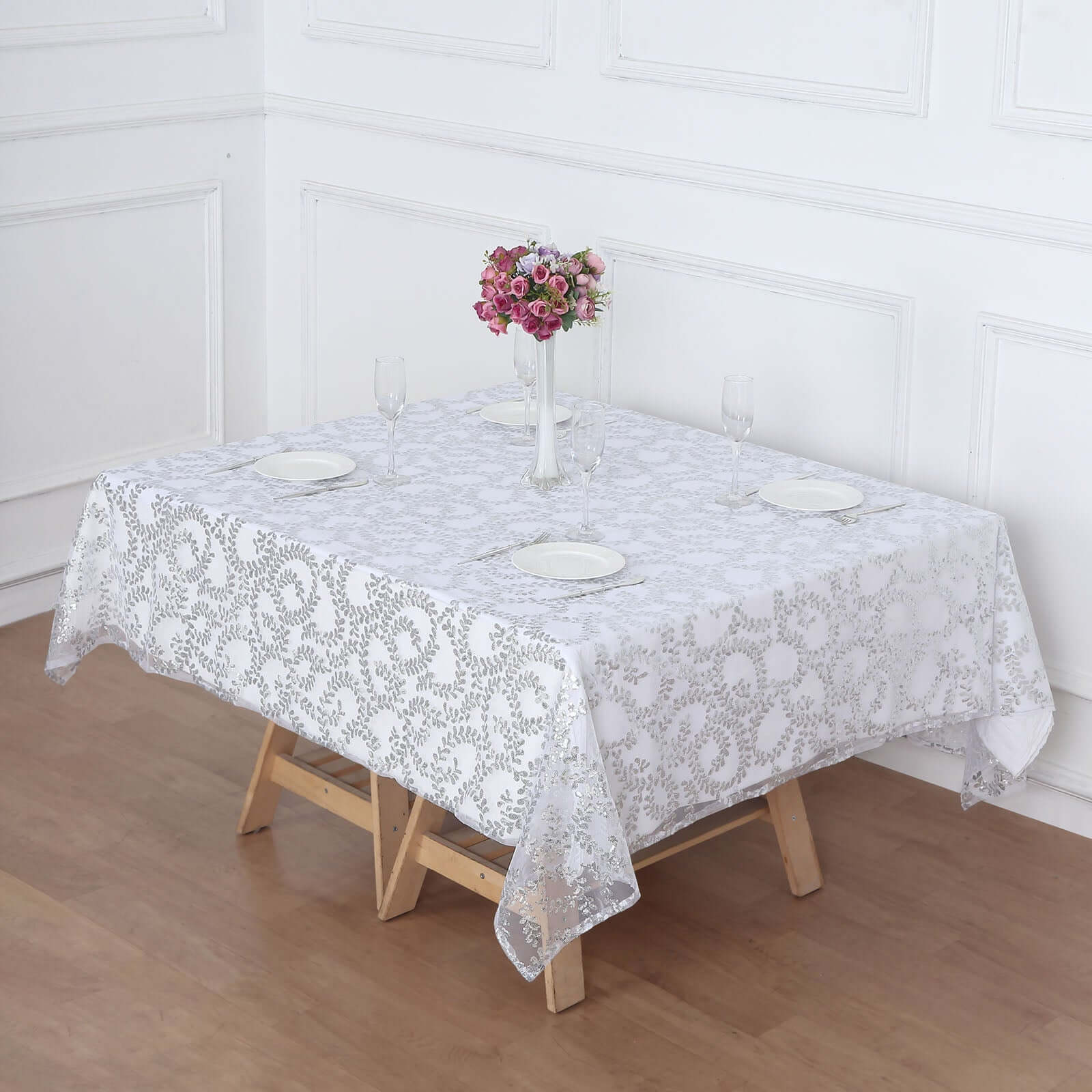 Sequin Tulle Table Overlay 72"x72" Silver Leaf Embroidered Table Topper - Image 2