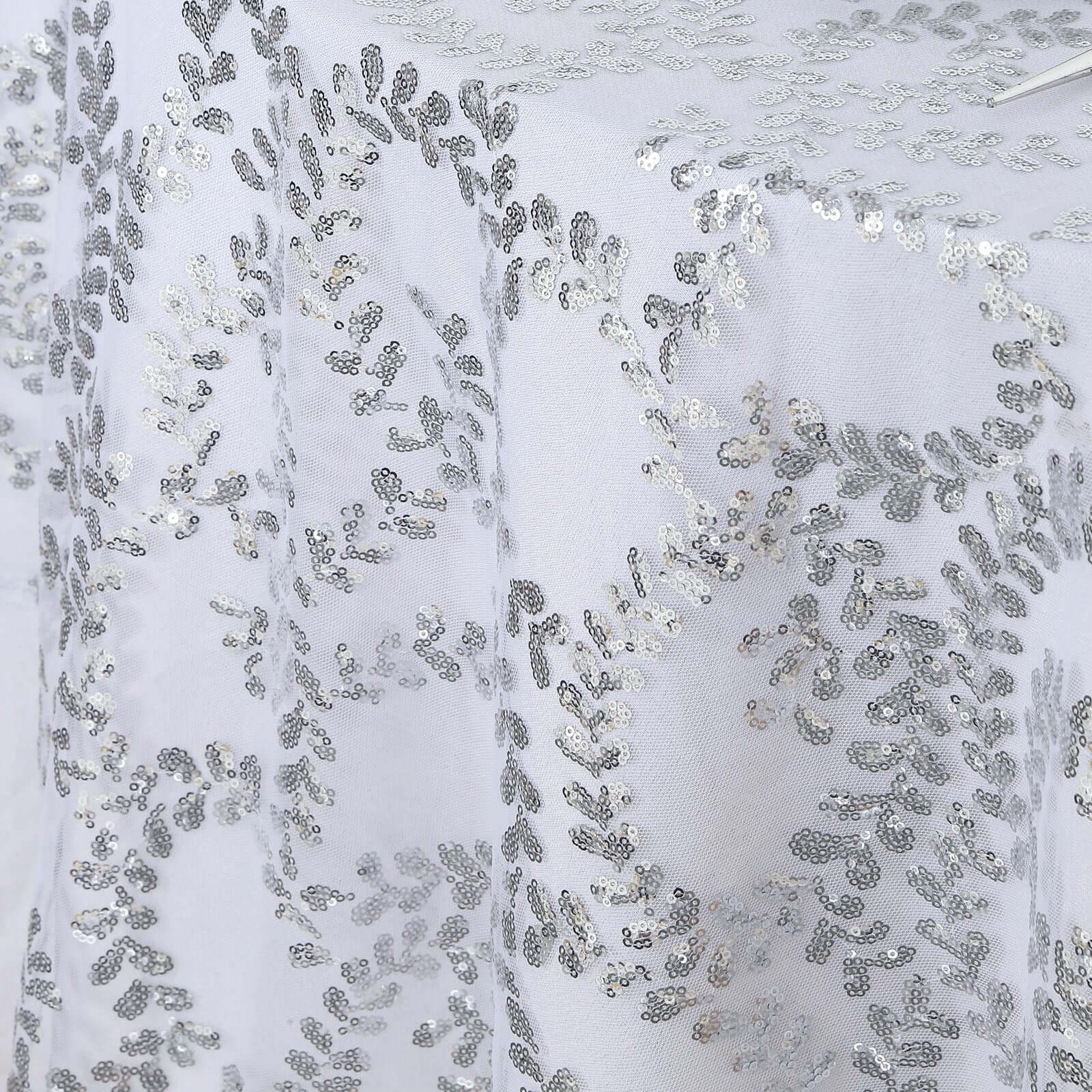 Sequin Tulle Table Overlay 72"x72" Silver Leaf Embroidered Table Topper - Image 5