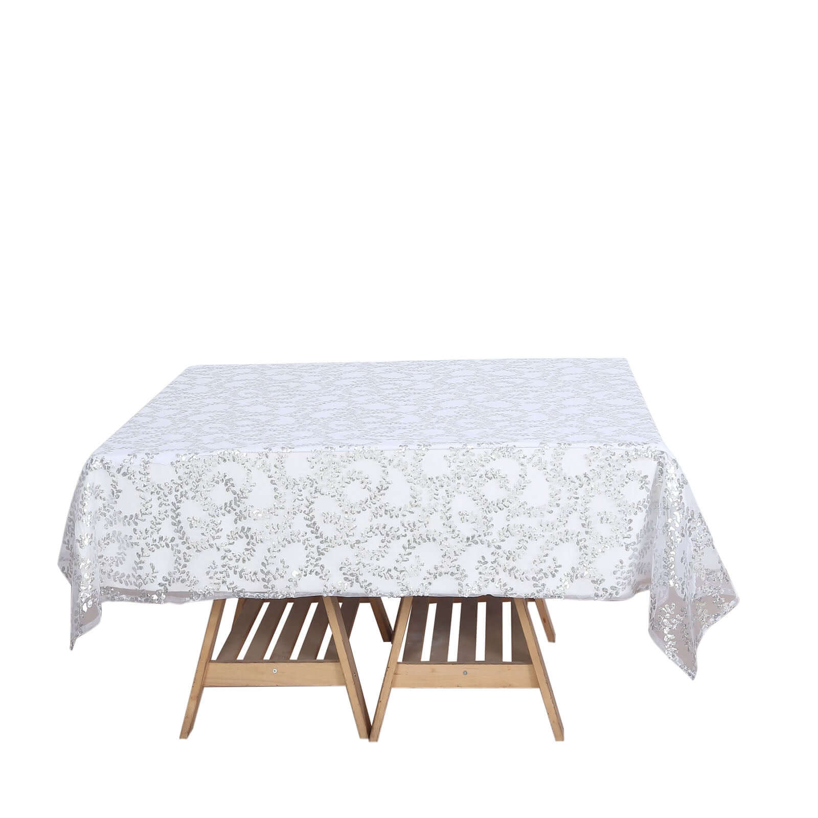 Sequin Tulle Table Overlay 72"x72" Silver Leaf Embroidered Table Topper - Image 6