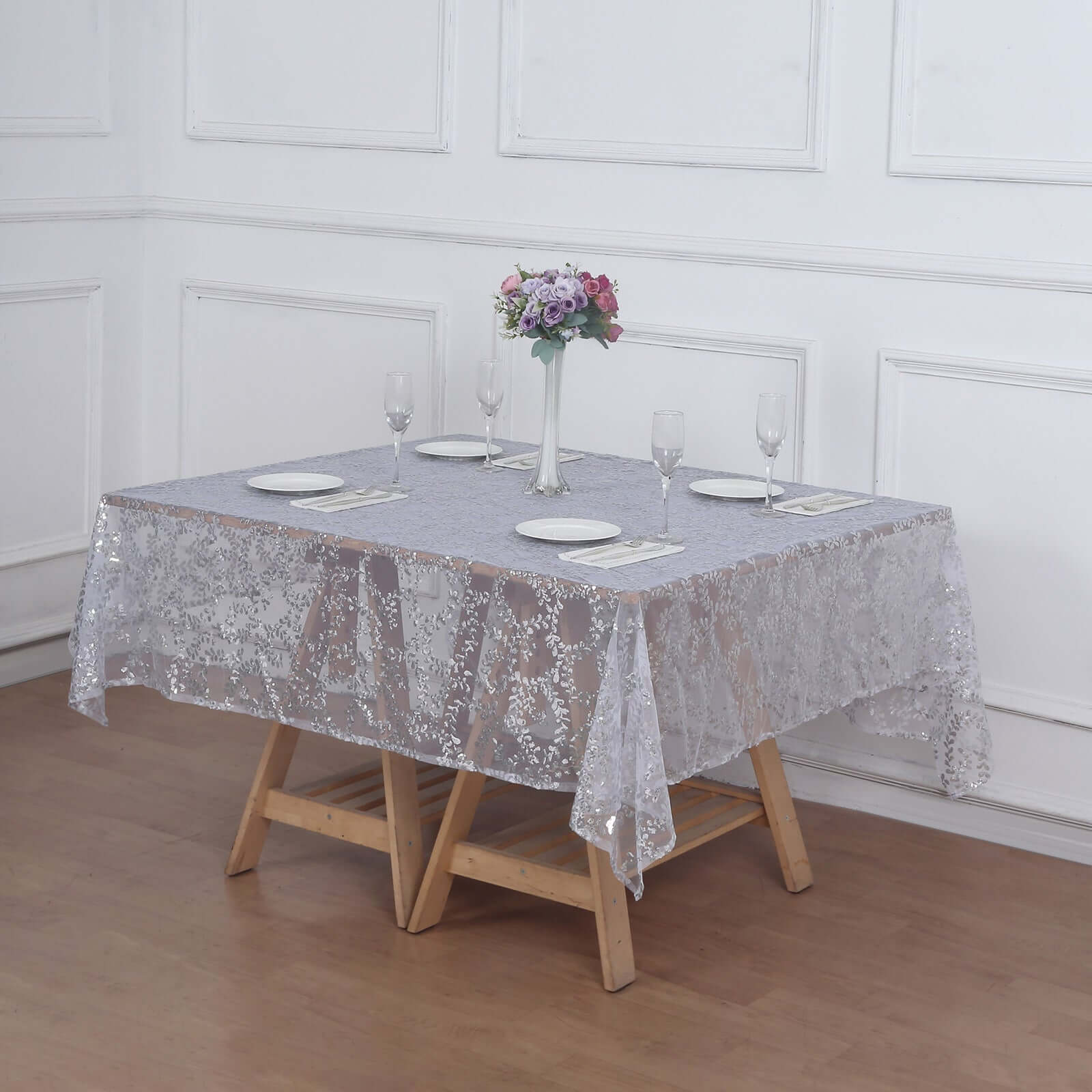 Sequin Tulle Table Overlay 72"x72" Silver Leaf Embroidered Table Topper - Image 7
