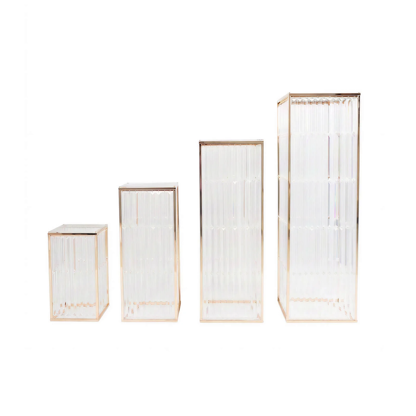 Set of 4 Gold Metal Pedestal Stands – Pre-Assembled Rectangular Cake and Floral Display Risers with Acrylic Top & Crystal Pendant Strip Chains – 16", 24", 32", 40" - Image 2