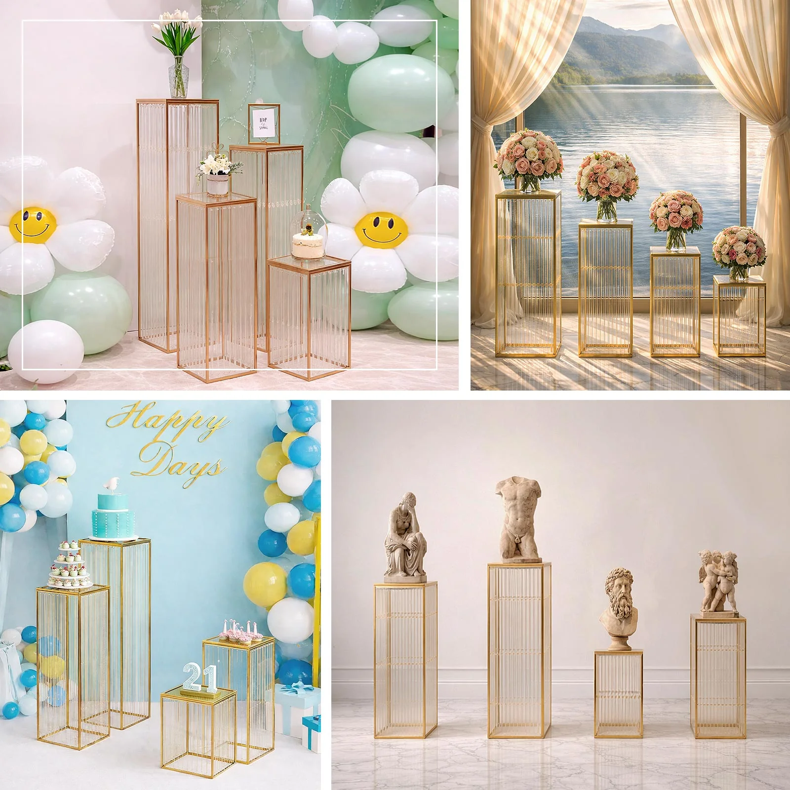 Set of 4 Gold Metal Pedestal Stands – Pre-Assembled Rectangular Cake and Floral Display Risers with Acrylic Top & Crystal Pendant Strip Chains – 16", 24", 32", 40" - Image 5