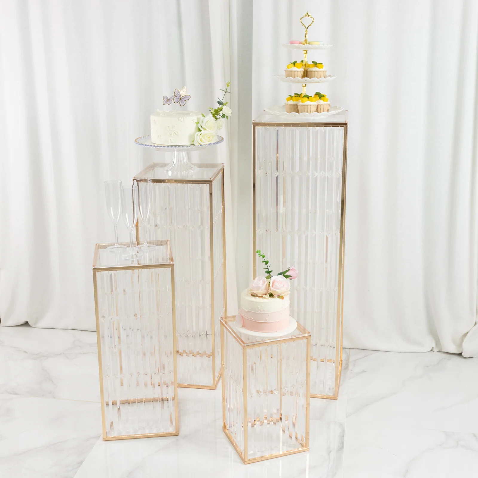Set of 4 Gold Metal Pedestal Stands – Pre-Assembled Rectangular Cake and Floral Display Risers with Acrylic Top & Crystal Pendant Strip Chains – 16", 24", 32", 40" - Image 6