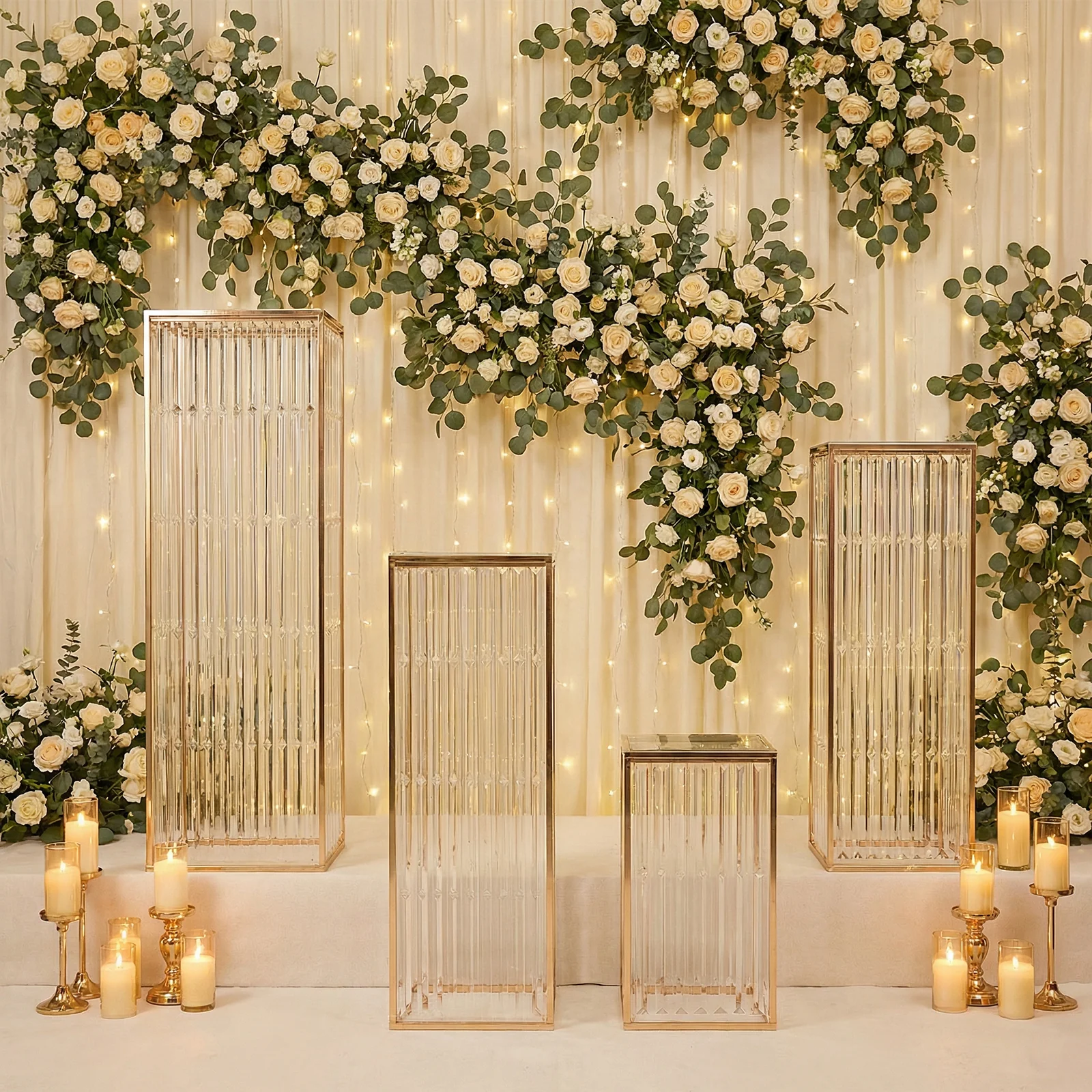 Set of 4 Gold Metal Pedestal Stands – Pre-Assembled Rectangular Cake and Floral Display Risers with Acrylic Top & Crystal Pendant Strip Chains – 16", 24", 32", 40" - Image 8