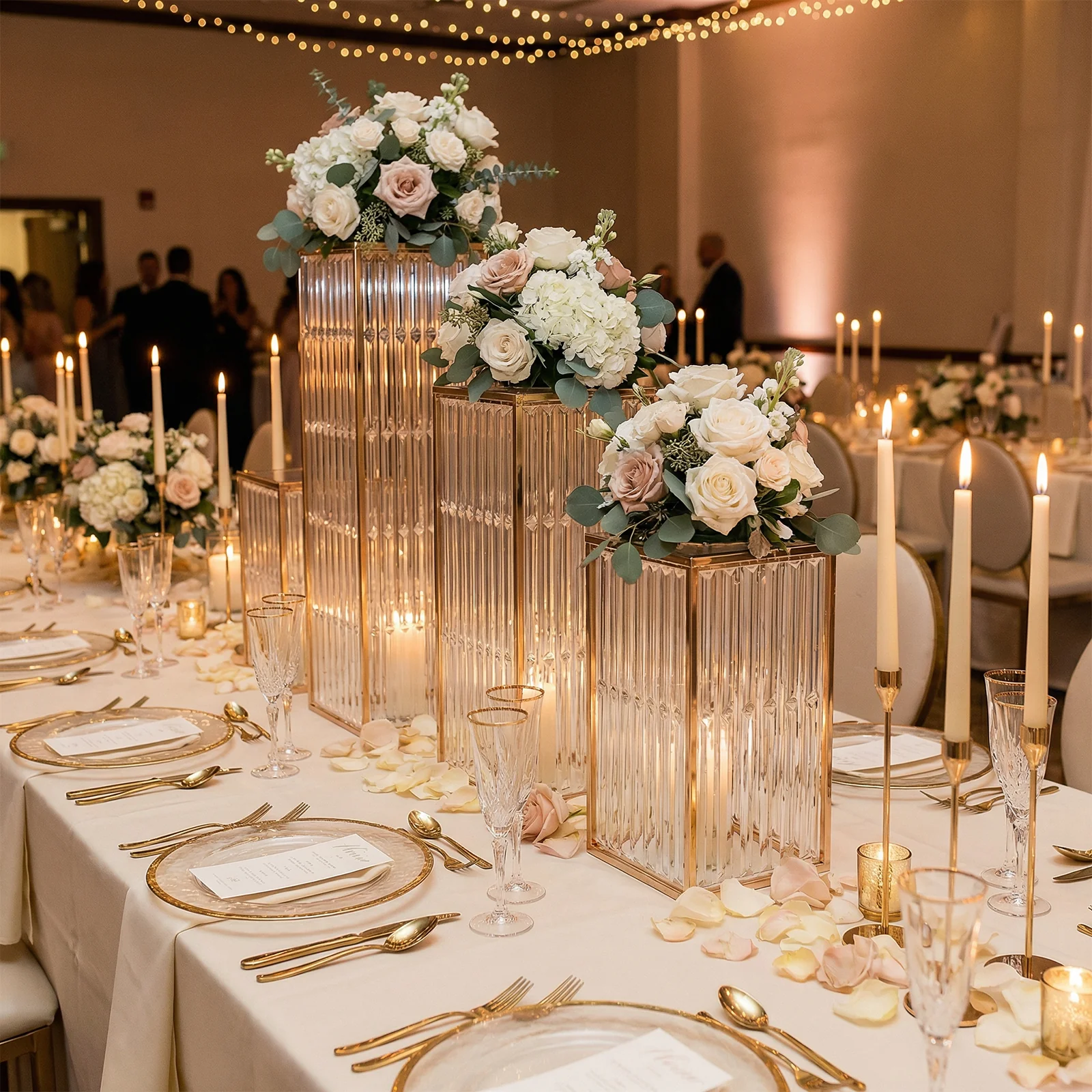 Set of 4 Gold Metal Pedestal Stands – Pre-Assembled Rectangular Cake and Floral Display Risers with Acrylic Top & Crystal Pendant Strip Chains – 16", 24", 32", 40" - Image 9