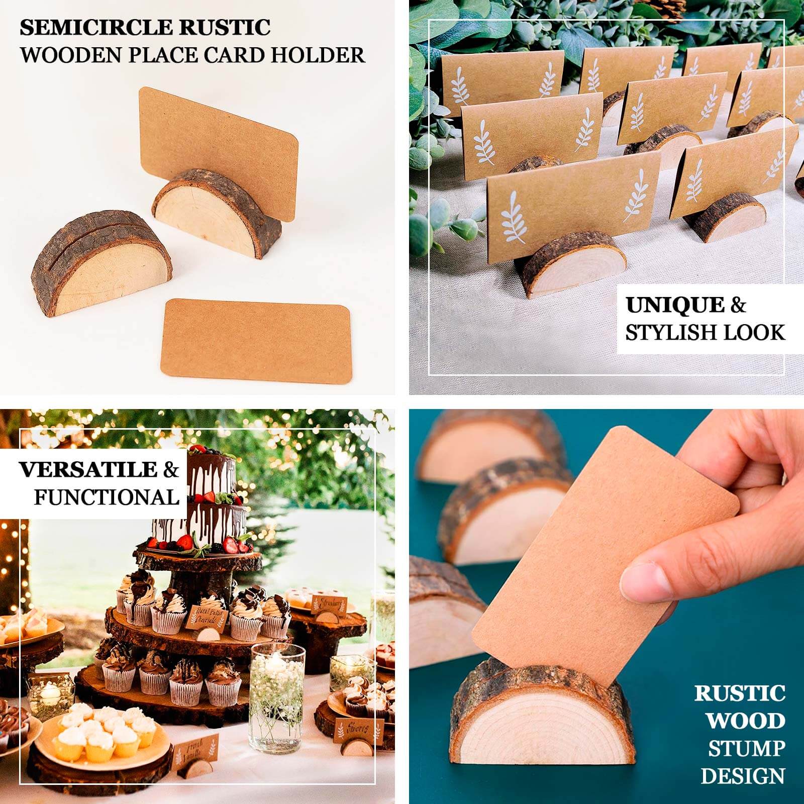Set of 10 Wood Place Card Holders 2.5" Rustic Semicircle Design with Brown Paper - Wedding Table Number Display - Image 4