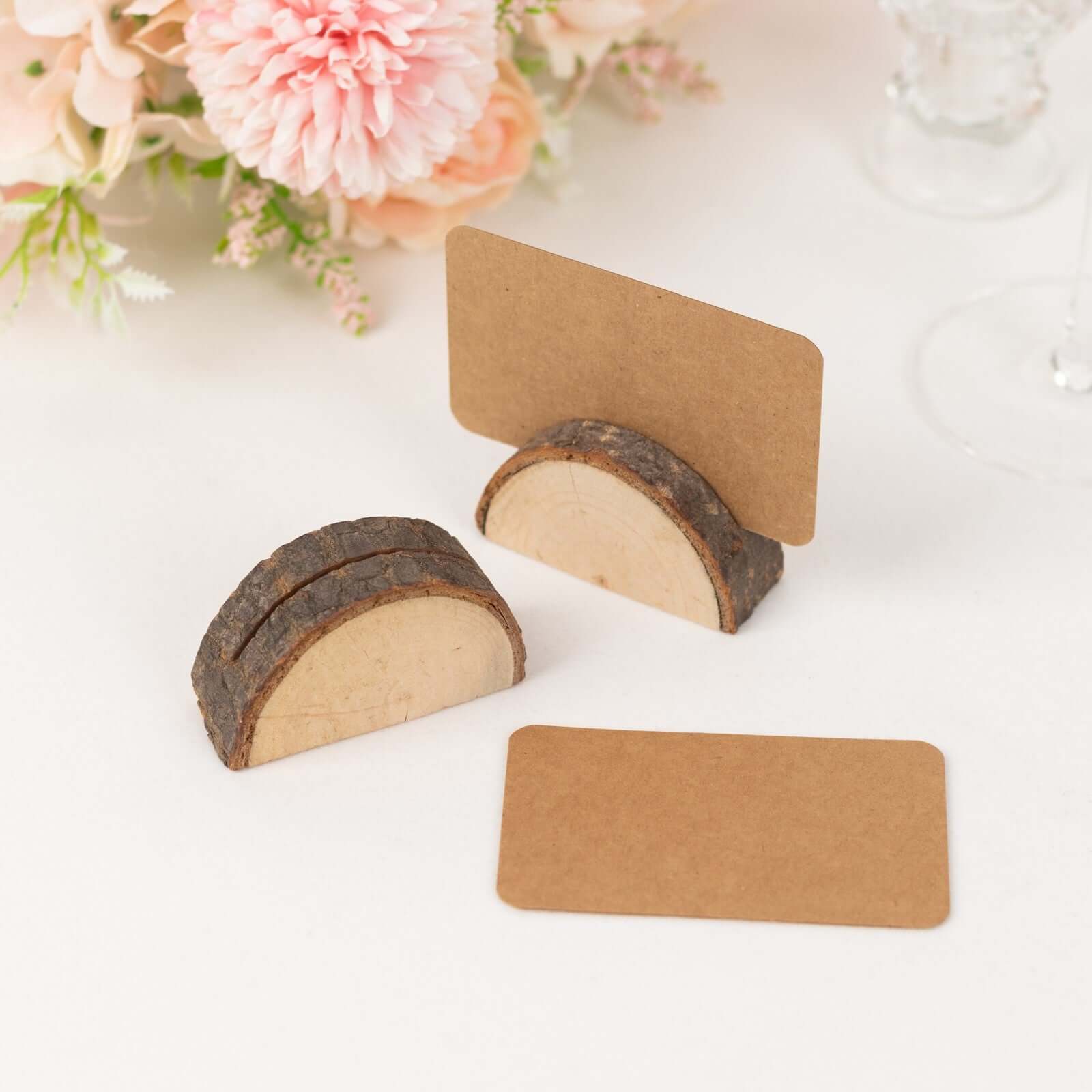 Set of 10 Wood Place Card Holders 2.5" Rustic Semicircle Design with Brown Paper - Wedding Table Number Display - Image 6