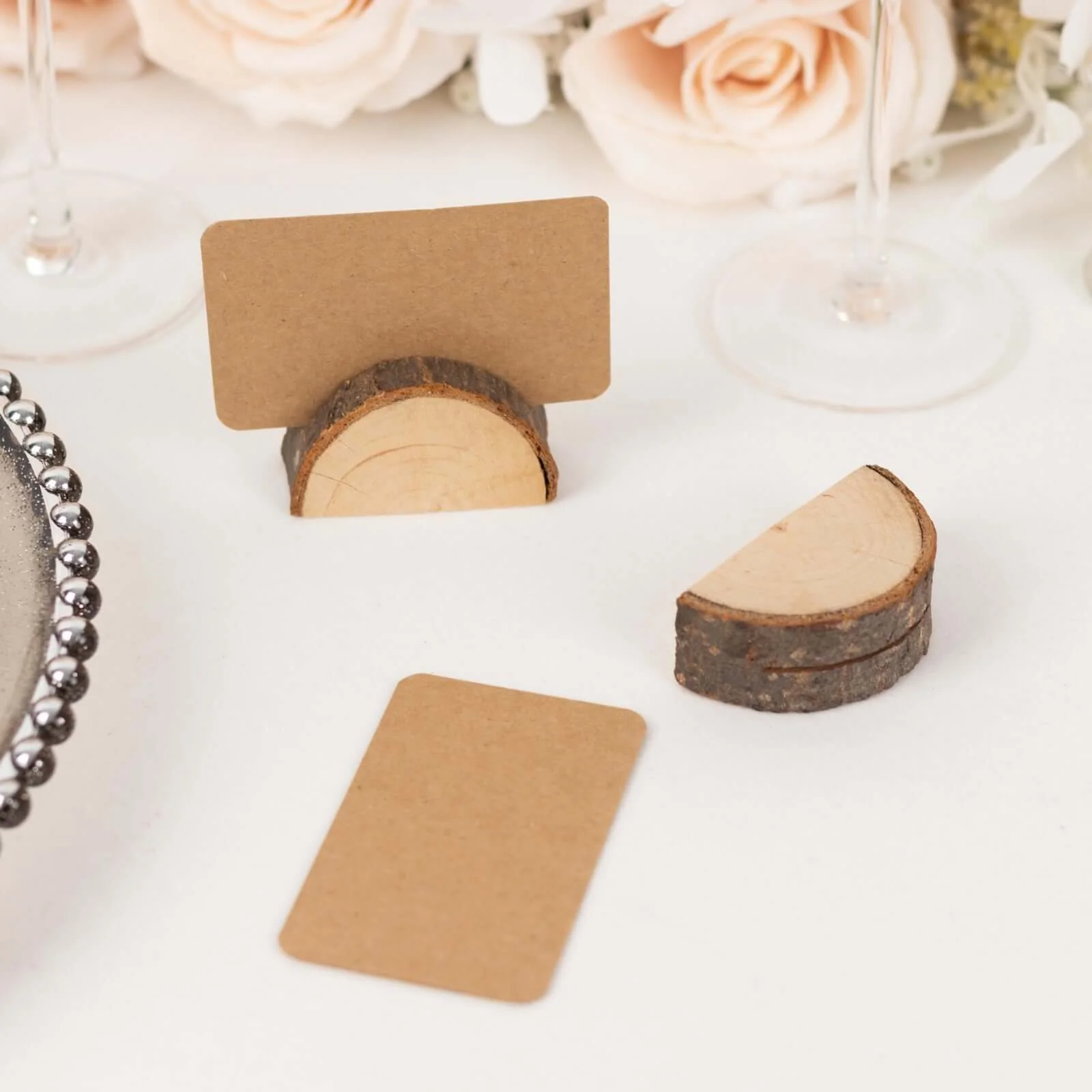 Set of 10 Wood Place Card Holders 2.5" Rustic Semicircle Design with Brown Paper - Wedding Table Number Display - Image 7
