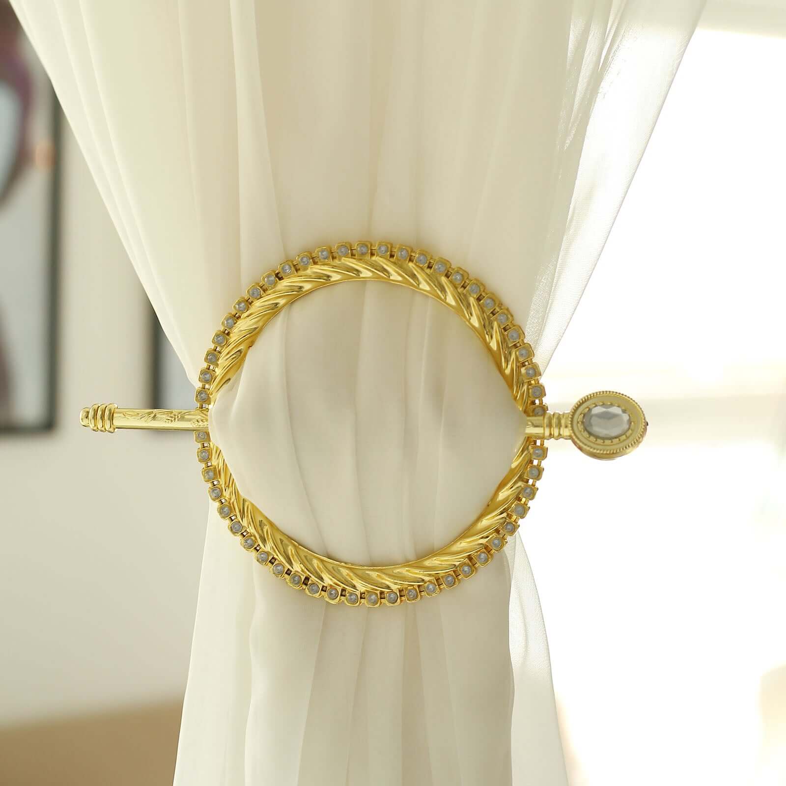 Set of 2 Gold Acrylic Braided Barrette Style Curtain Tie Backs With Crystal Diamond Studded Edge, Round Backdrop Drapery Brooch Holdbacks 6"
