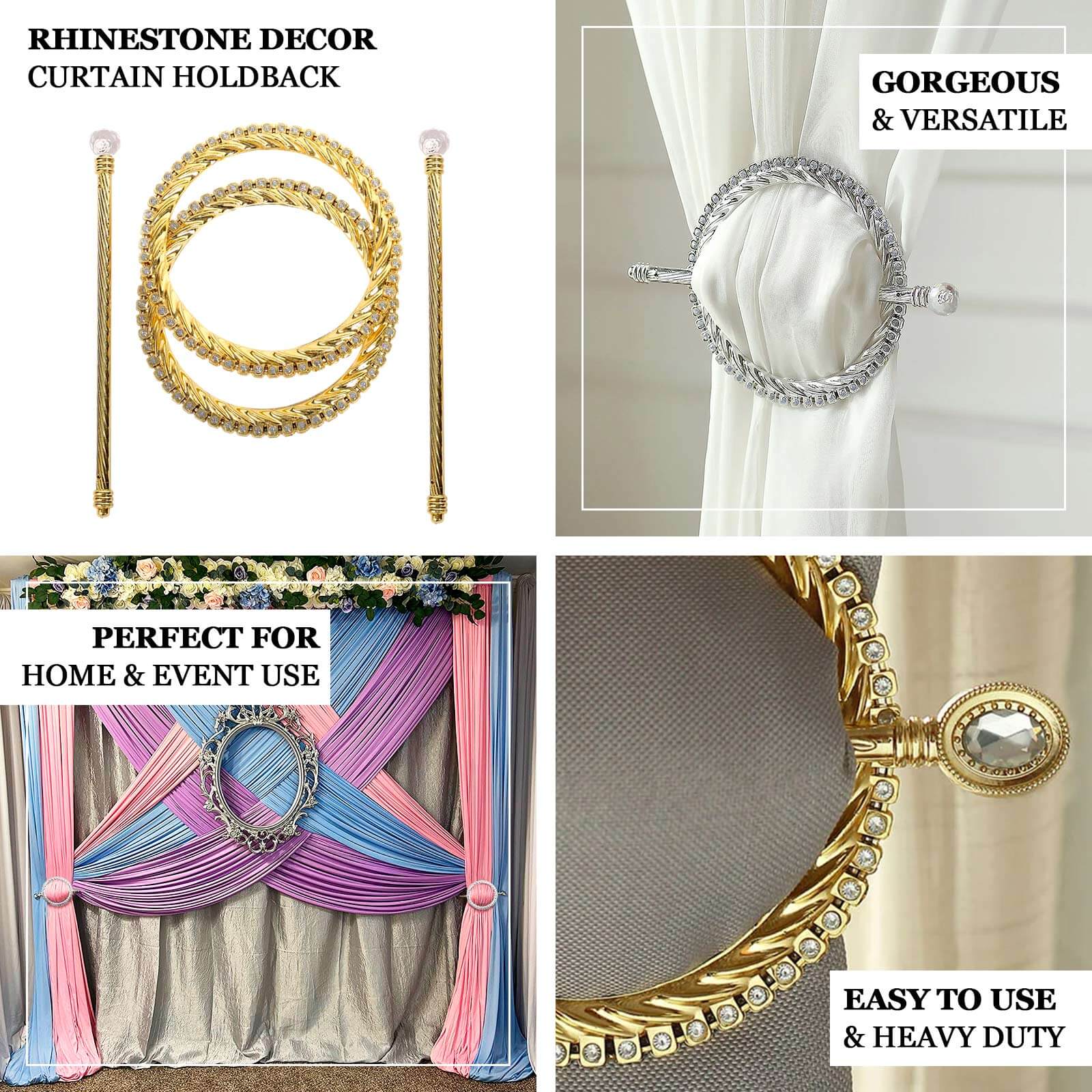 Set of 2 Gold Acrylic Braided Barrette Style Curtain Tie Backs With Crystal Diamond Studded Edge, Round Backdrop Drapery Brooch Holdbacks 6" - Image 4