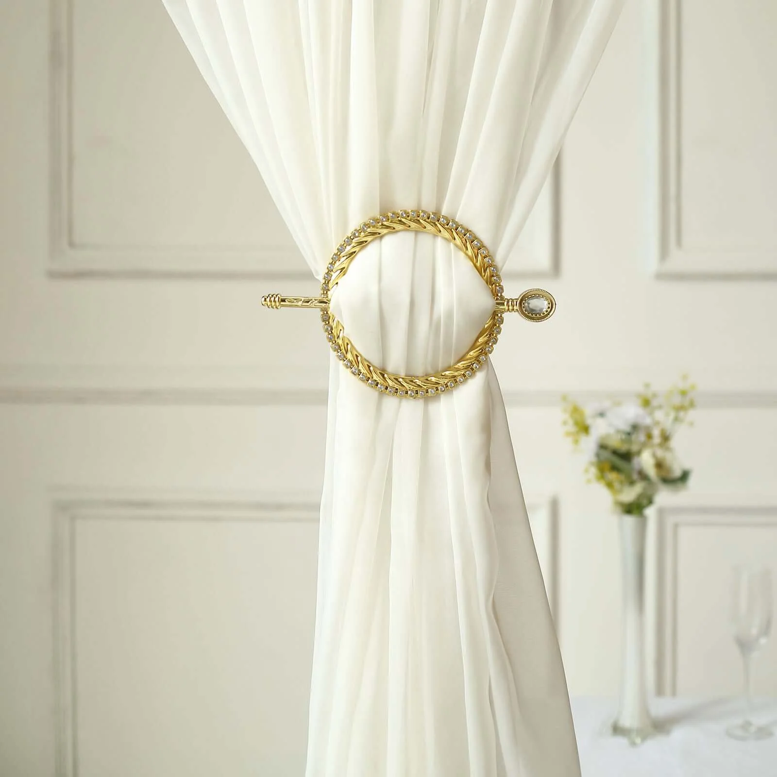 Set of 2 Gold Acrylic Braided Barrette Style Curtain Tie Backs With Crystal Diamond Studded Edge, Round Backdrop Drapery Brooch Holdbacks 6" - Image 6