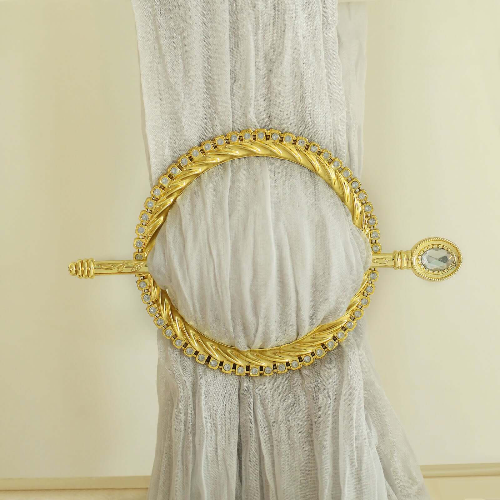 Set of 2 Gold Acrylic Braided Barrette Style Curtain Tie Backs With Crystal Diamond Studded Edge, Round Backdrop Drapery Brooch Holdbacks 6" - Image 8