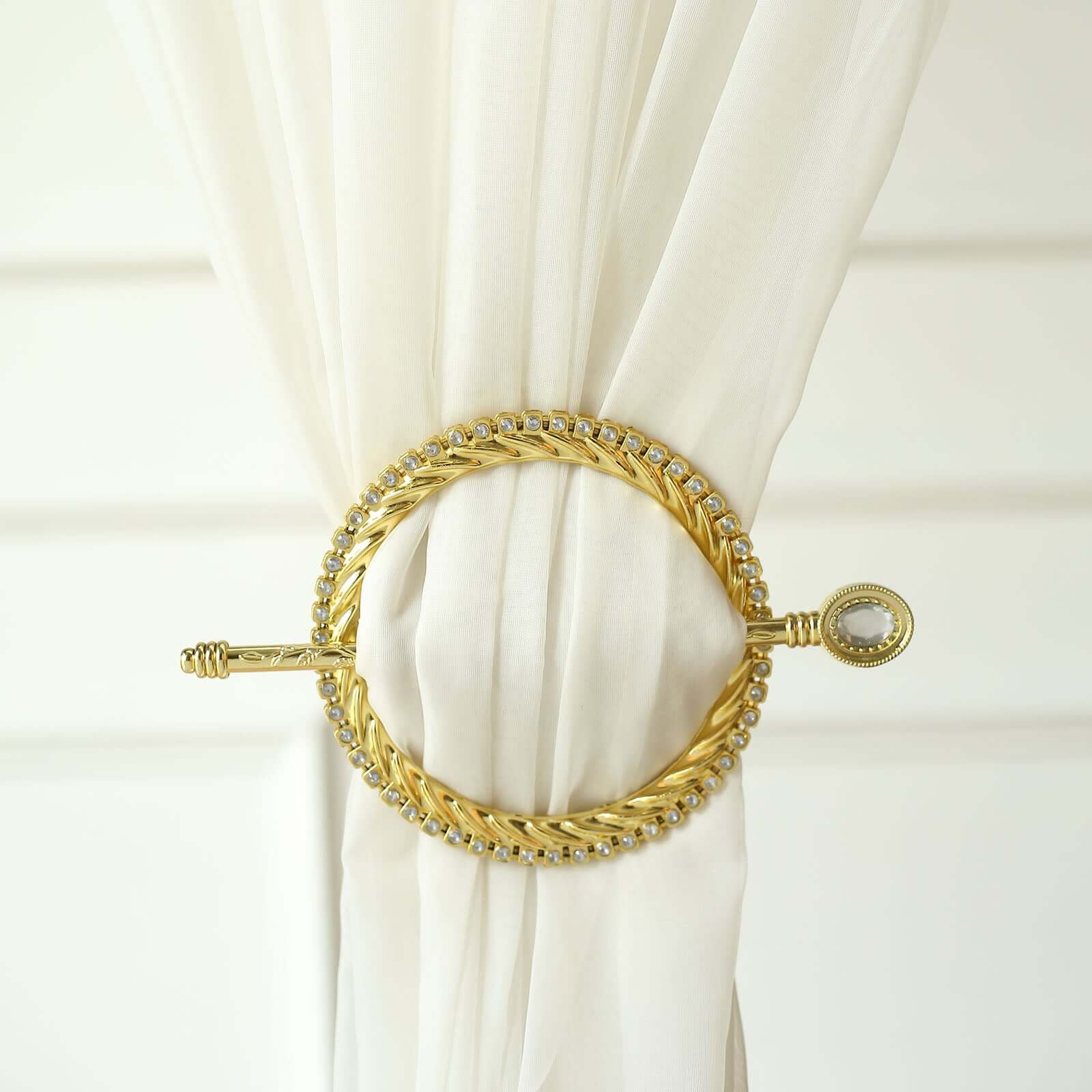 Set of 2 Gold Acrylic Braided Barrette Style Curtain Tie Backs With Crystal Diamond Studded Edge, Round Backdrop Drapery Brooch Holdbacks 6" - Image 9
