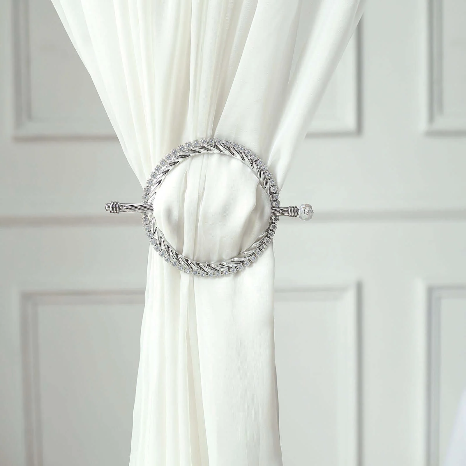 Set of 2 Silver Acrylic Braided Barrette Style Curtain Tie Backs With Crystal Diamond Studded Edge, Round Backdrop Drapery Brooch Holdbacks 6" - Image 10