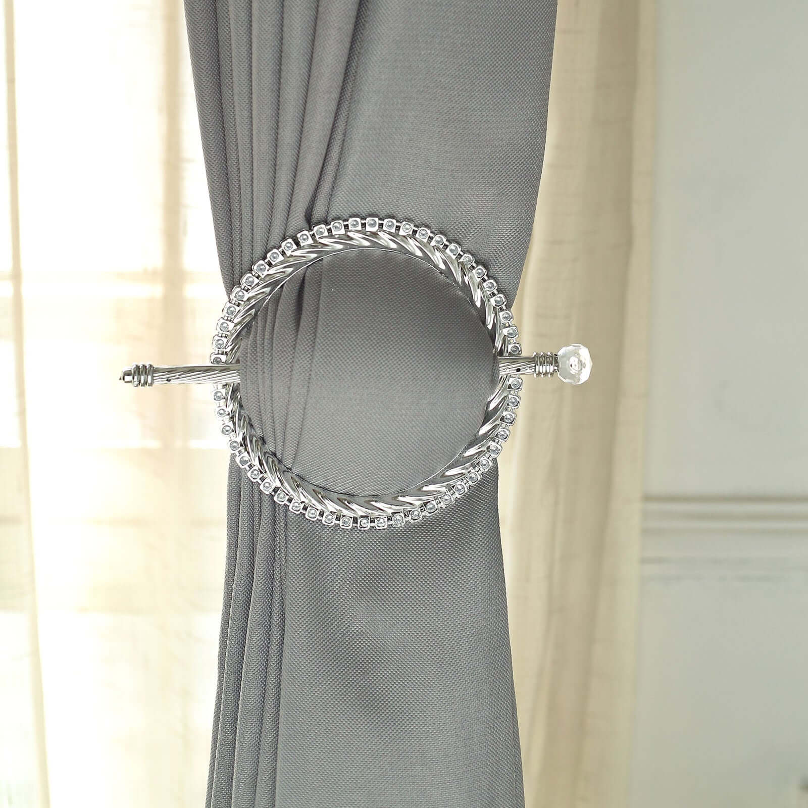 Set of 2 Silver Acrylic Braided Barrette Style Curtain Tie Backs With Crystal Diamond Studded Edge, Round Backdrop Drapery Brooch Holdbacks 6" - Image 2