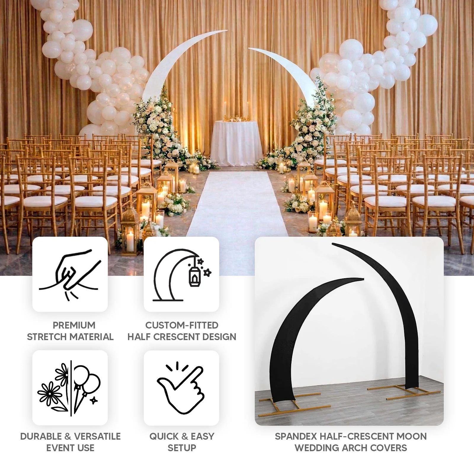 Set of 2 Beige Spandex Half Crescent Moon Wedding Arch Covers, Custom Fitted Backdrop Stand Cover for Curved Arbor Flower Balloon Frame - Image 4