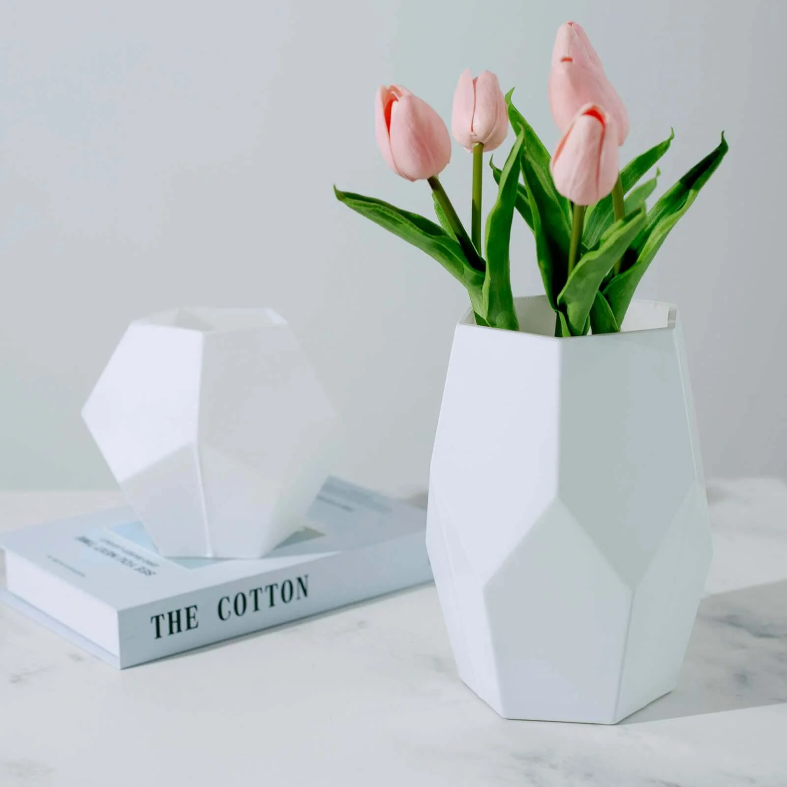 Set of 2 Glass Flower Vases Geometric Design 5", 8" Matte White - Modern Candle Holder Centerpieces