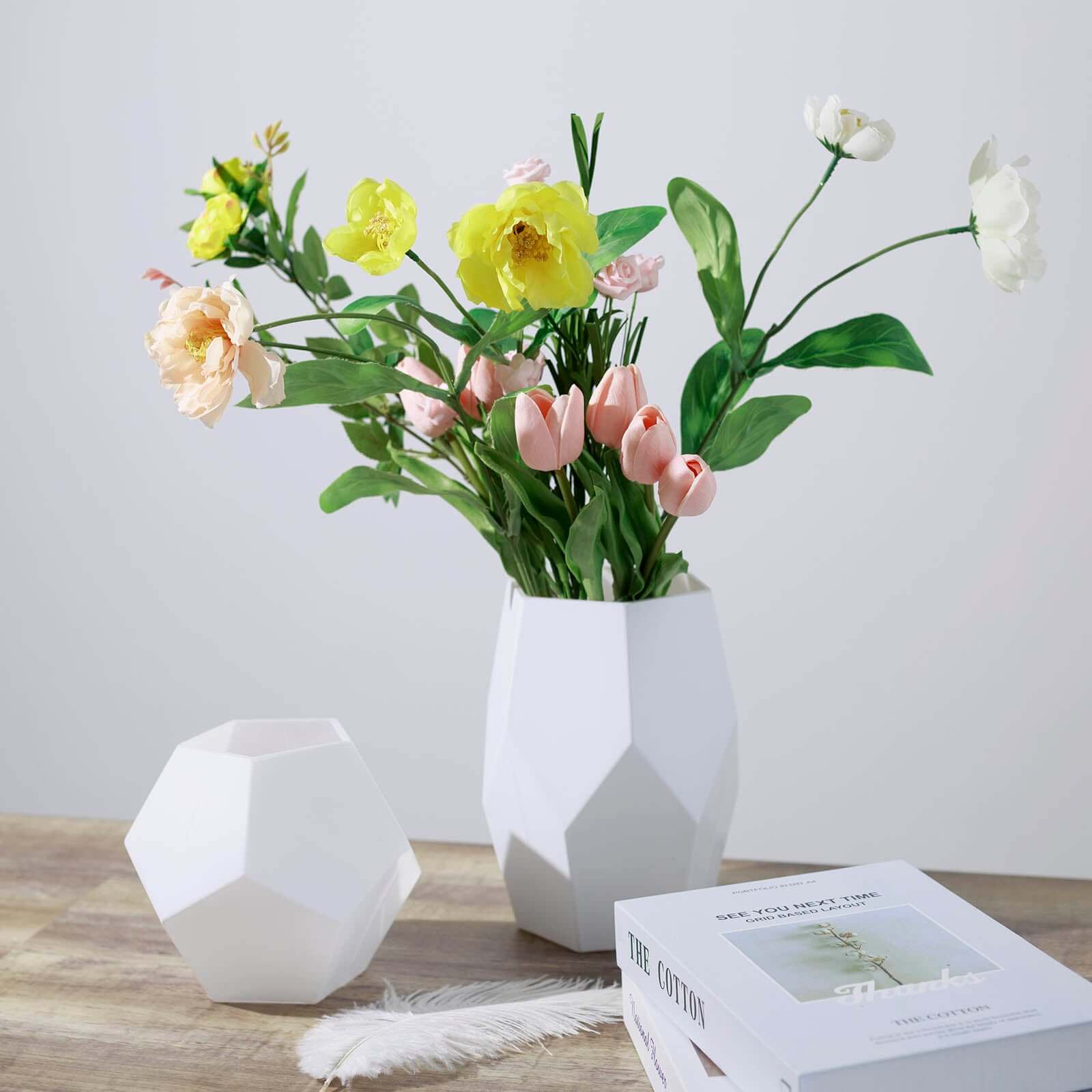 Set of 2 Glass Flower Vases Geometric Design 5", 8" Matte White - Modern Candle Holder Centerpieces - Image 11