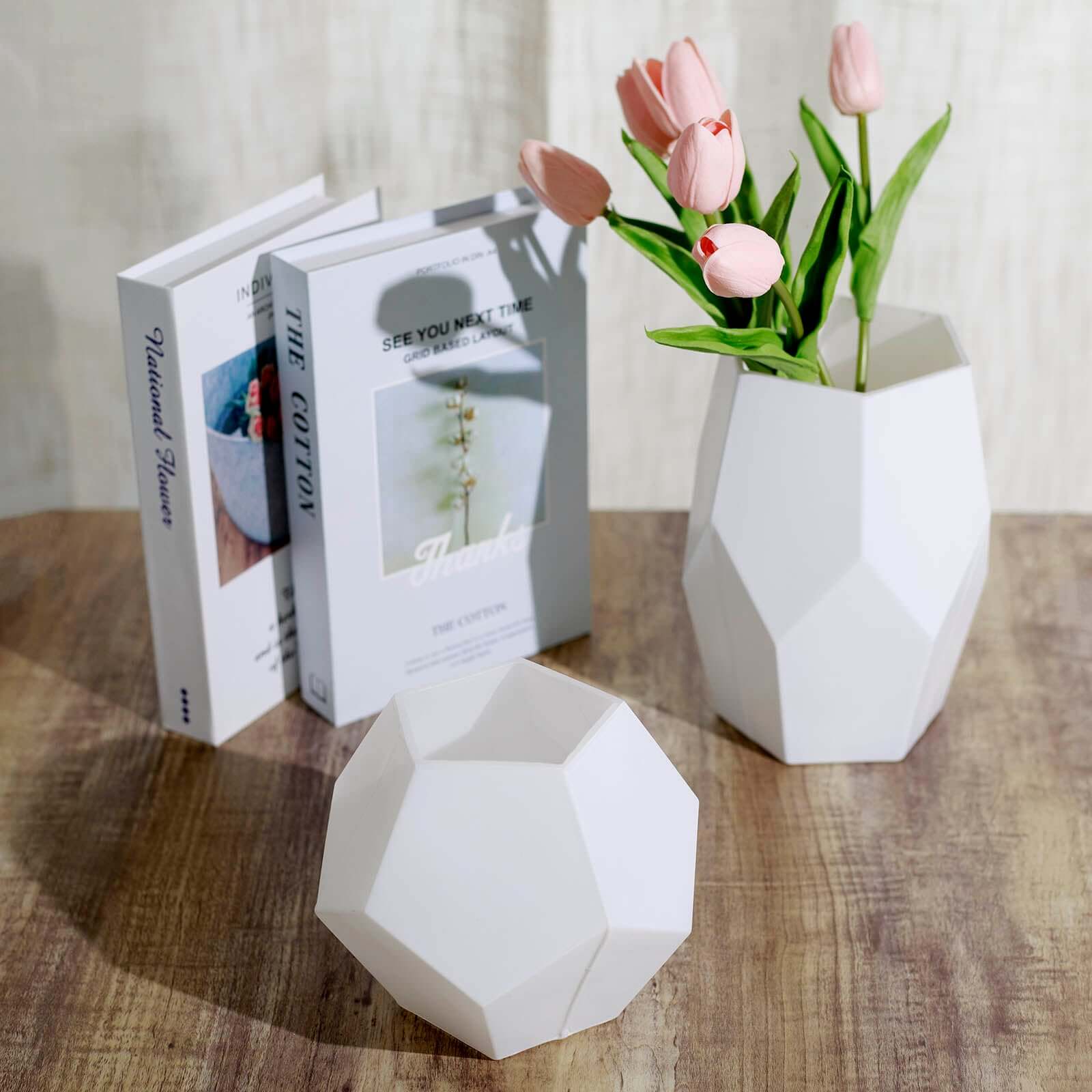 Set of 2 Glass Flower Vases Geometric Design 5", 8" Matte White - Modern Candle Holder Centerpieces - Image 13